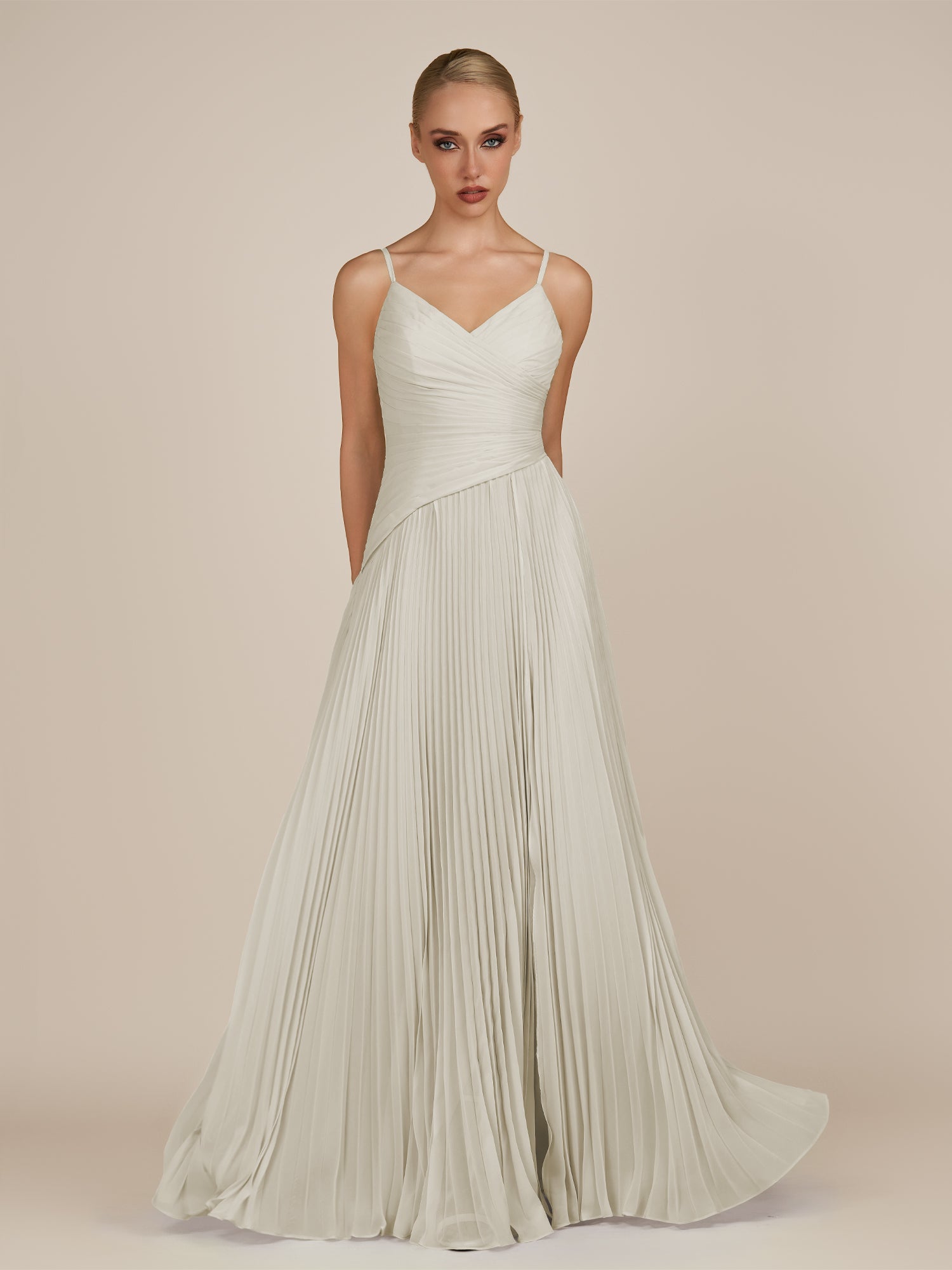 KissDress-Vionnet Dove Gray A-Line V Neck Pleated Chiffon Long Bridesmaid Dress with Slit