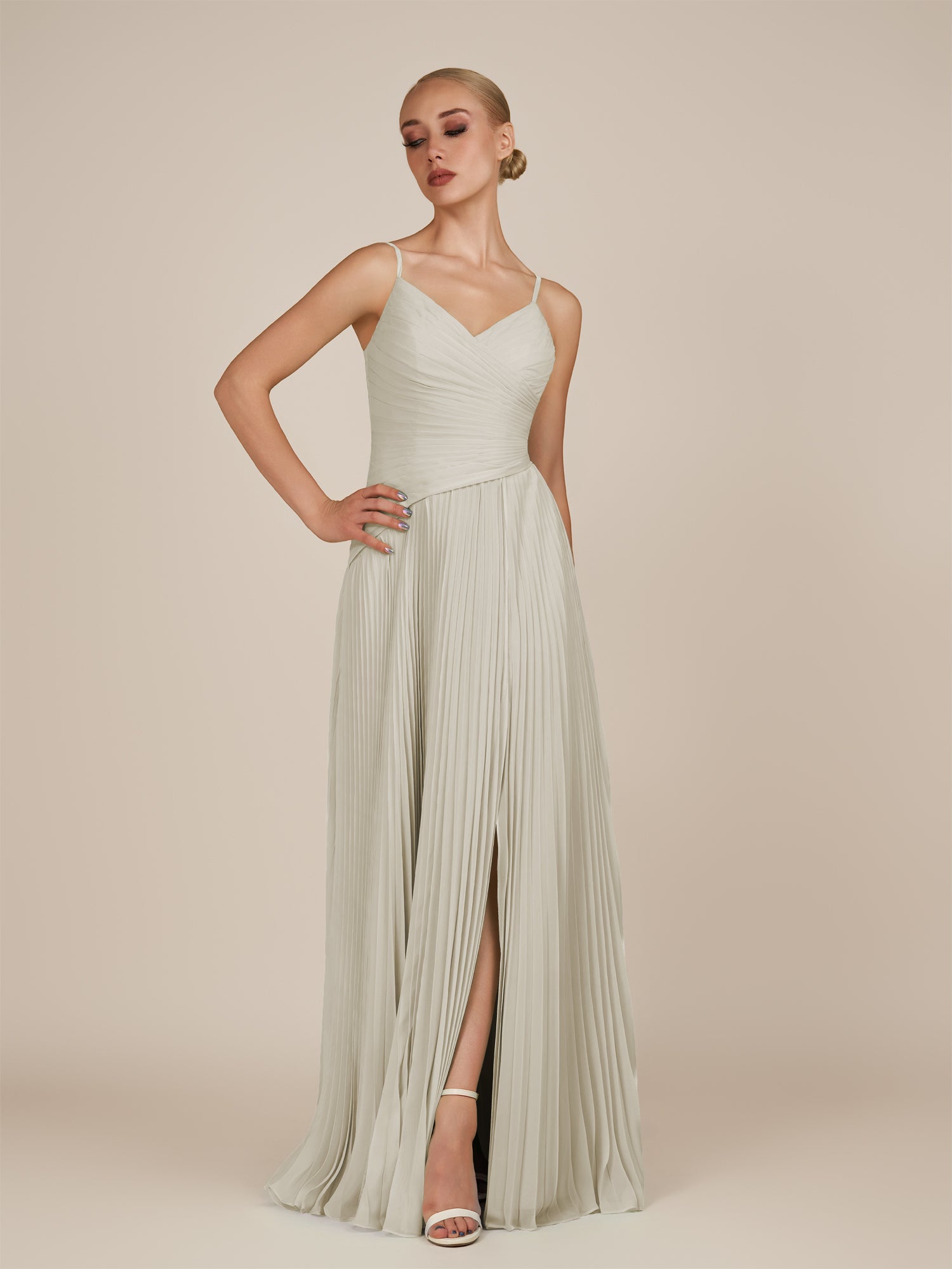 KissDress-Vionnet Dove Gray A-Line V Neck Pleated Chiffon Long Bridesmaid Dress with Slit
