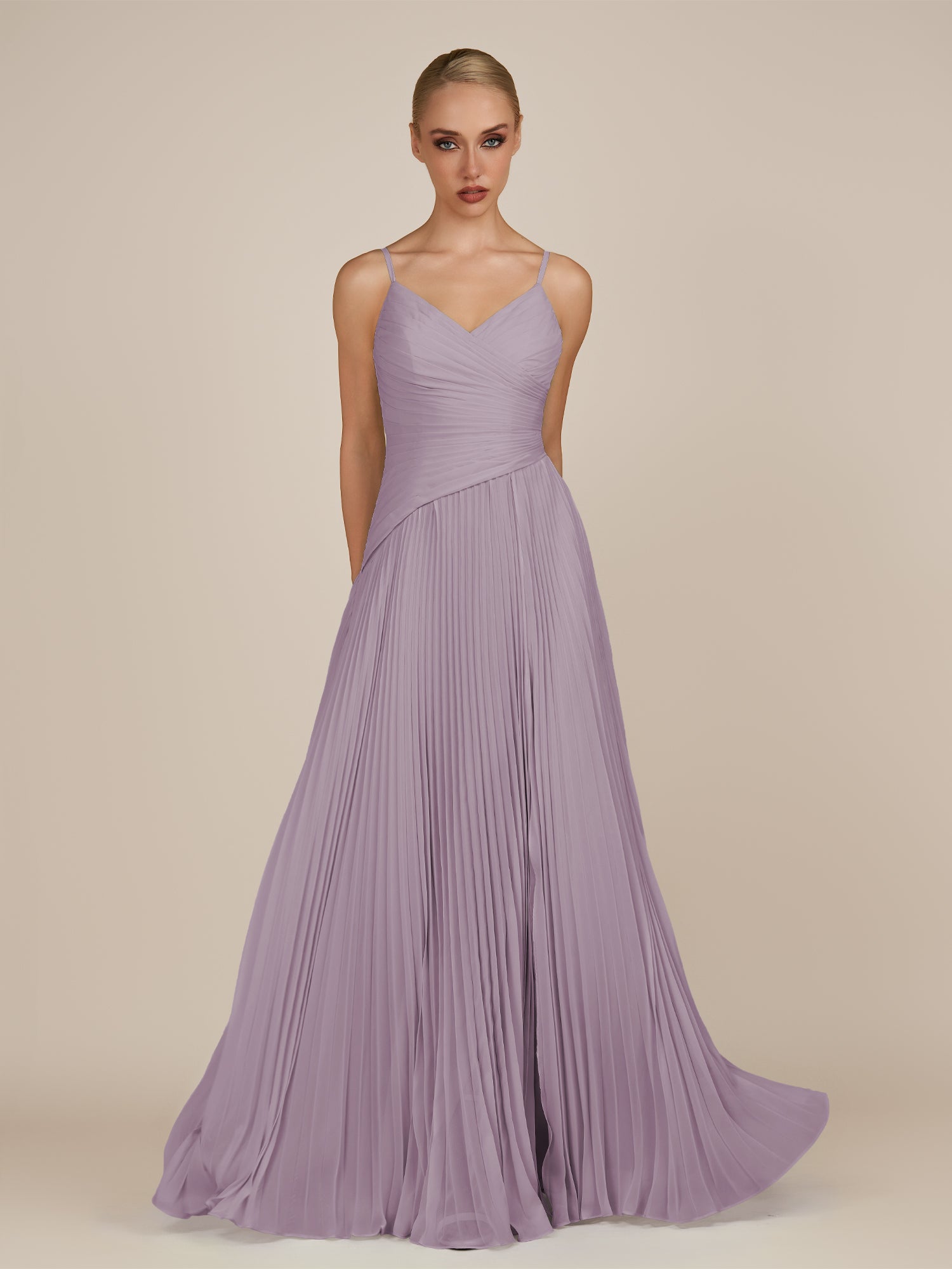 KissDress-Vionnet Dusk A-Line V Neck Pleated Chiffon Long Bridesmaid Dress with Slit
