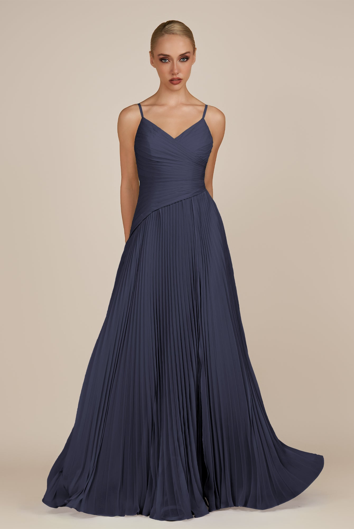 KissDress-Vionnet Dusk Blue A-Line V Neck Pleated Chiffon Long Bridesmaid Dress with Slit