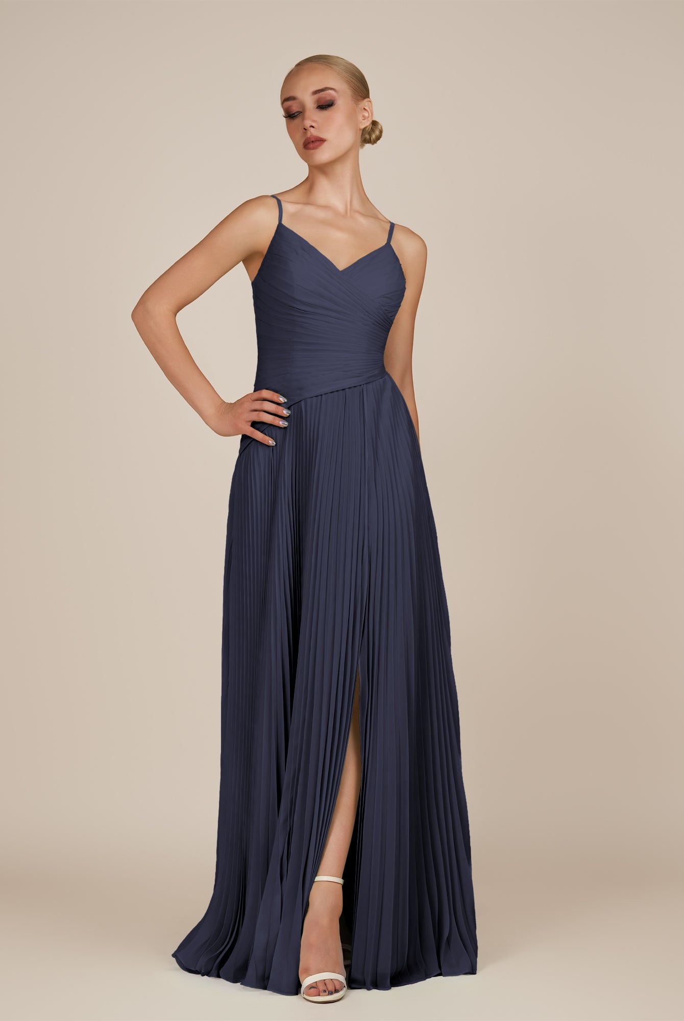 KissDress-Vionnet Dusk Blue A-Line V Neck Pleated Chiffon Long Bridesmaid Dress with Slit