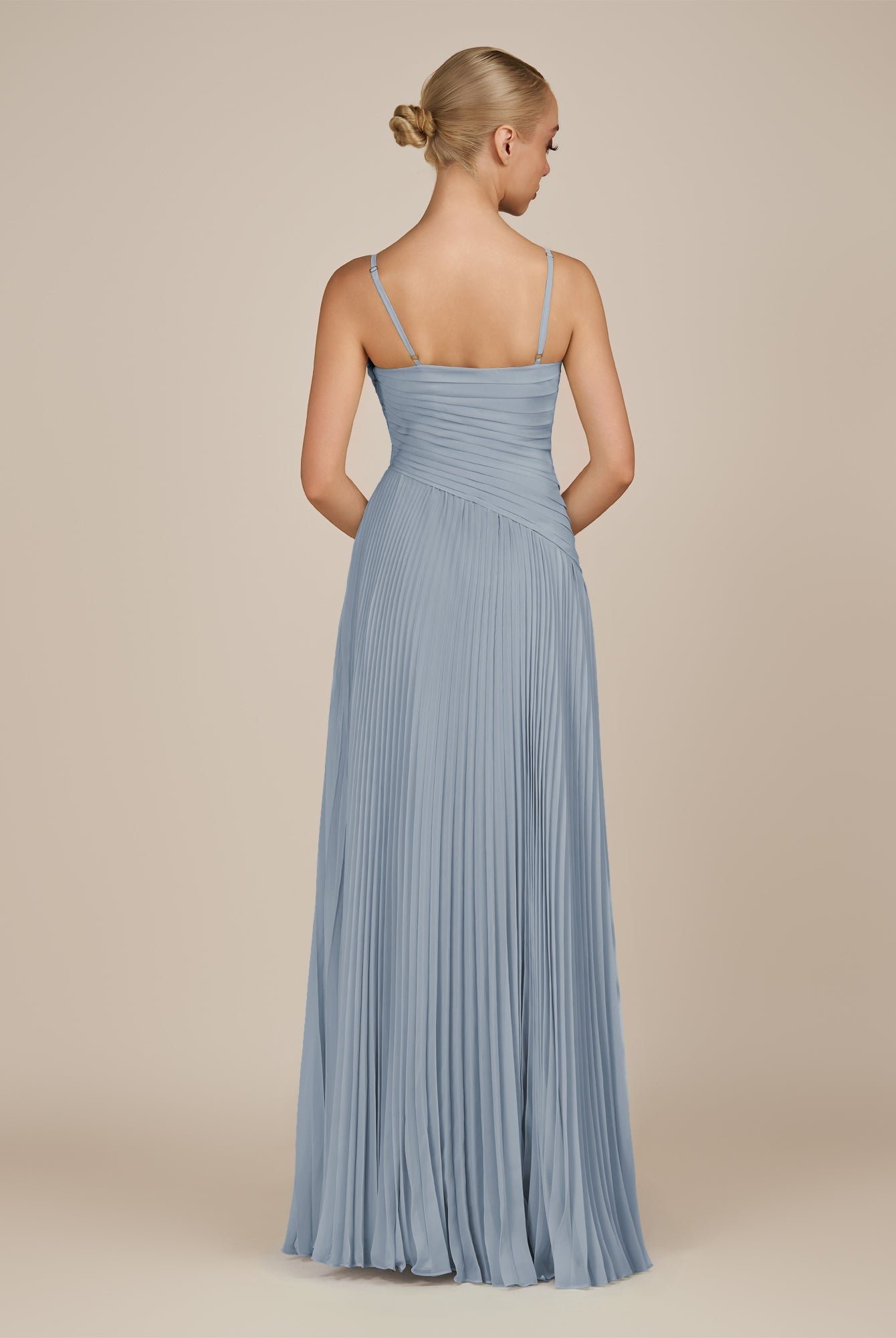 KissDress-Vionnet Dusty Blue A-Line V Neck Pleated Chiffon Long Bridesmaid Dress with Slit