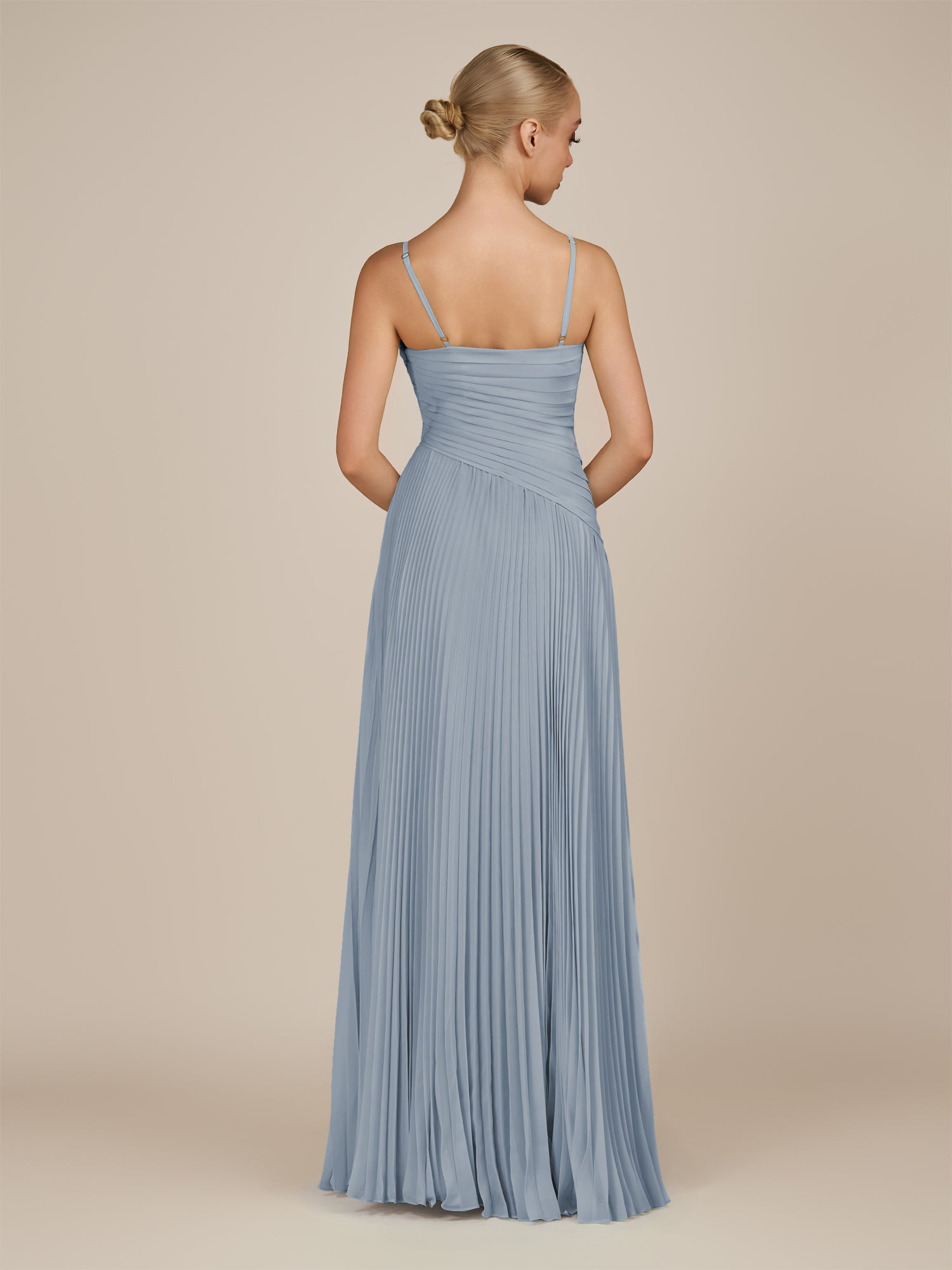 KissDress-Vionnet Dusty Blue A-Line V Neck Pleated Chiffon Long Bridesmaid Dress with Slit
