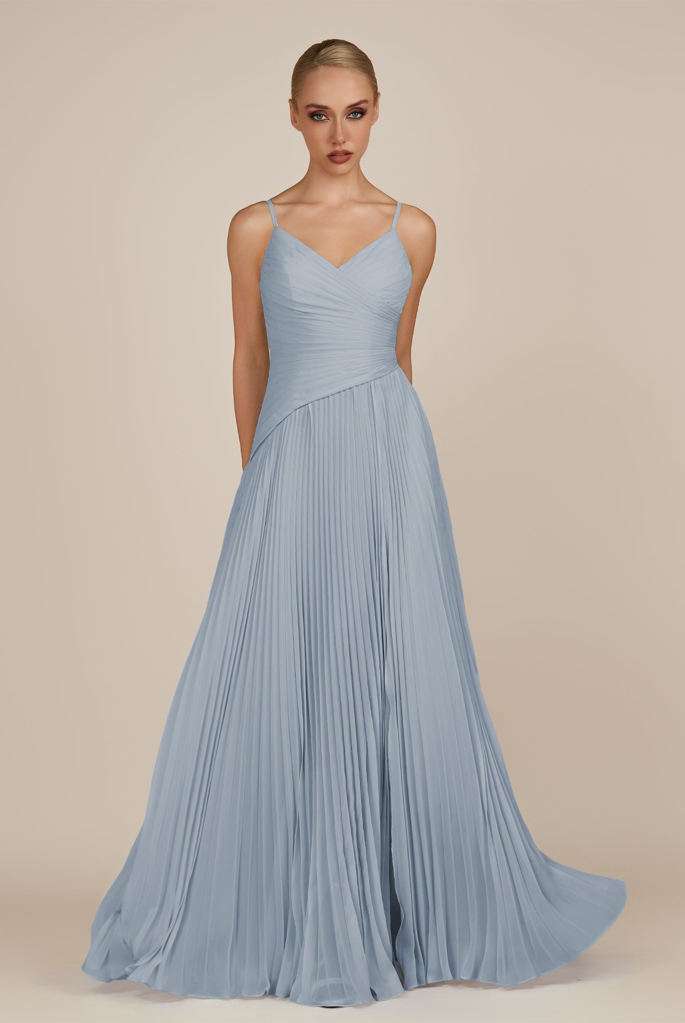 KissDress-Vionnet Dusty Blue A-Line V Neck Pleated Chiffon Long Bridesmaid Dress with Slit