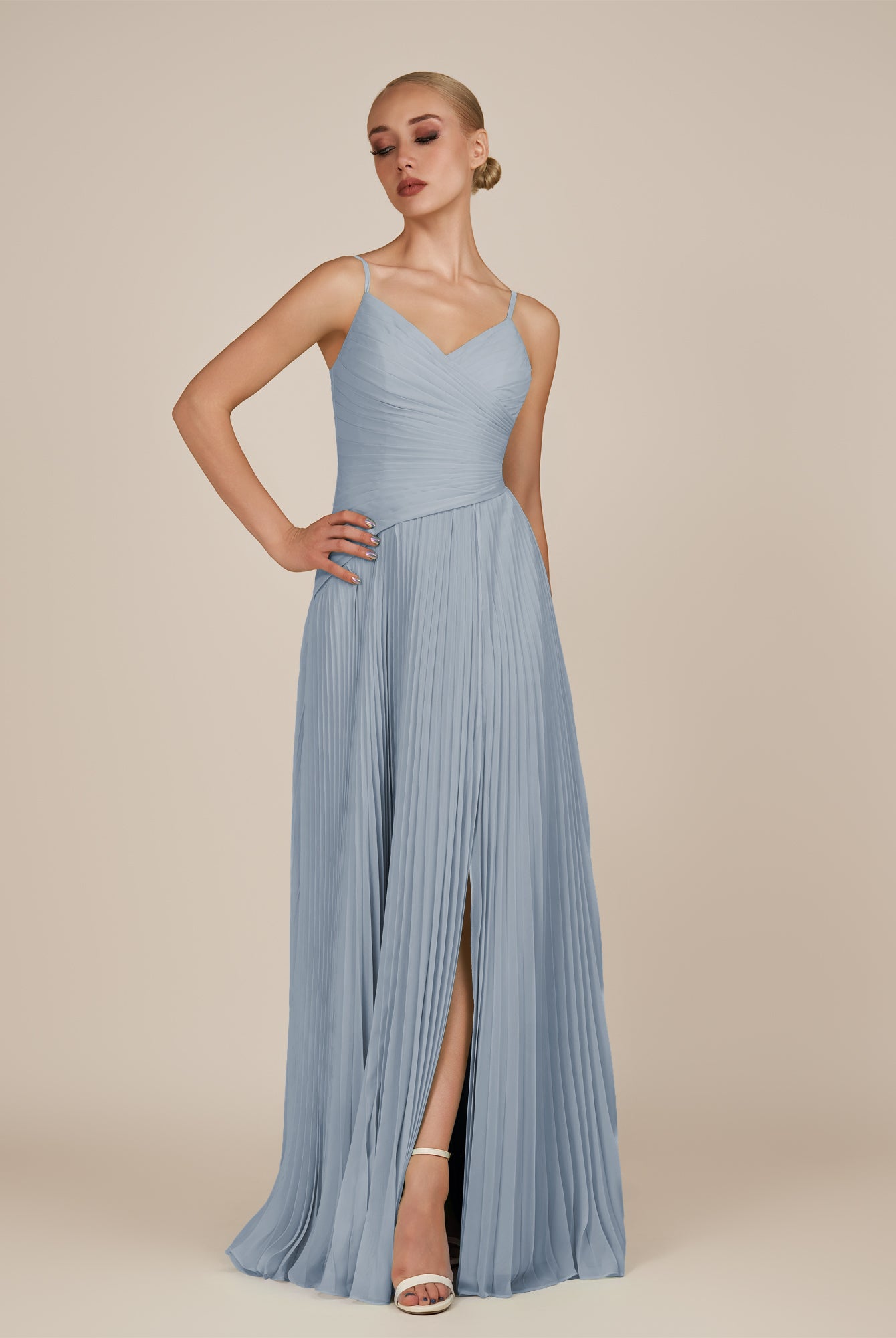 KissDress-Vionnet Dusty Blue A-Line V Neck Pleated Chiffon Long Bridesmaid Dress with Slit