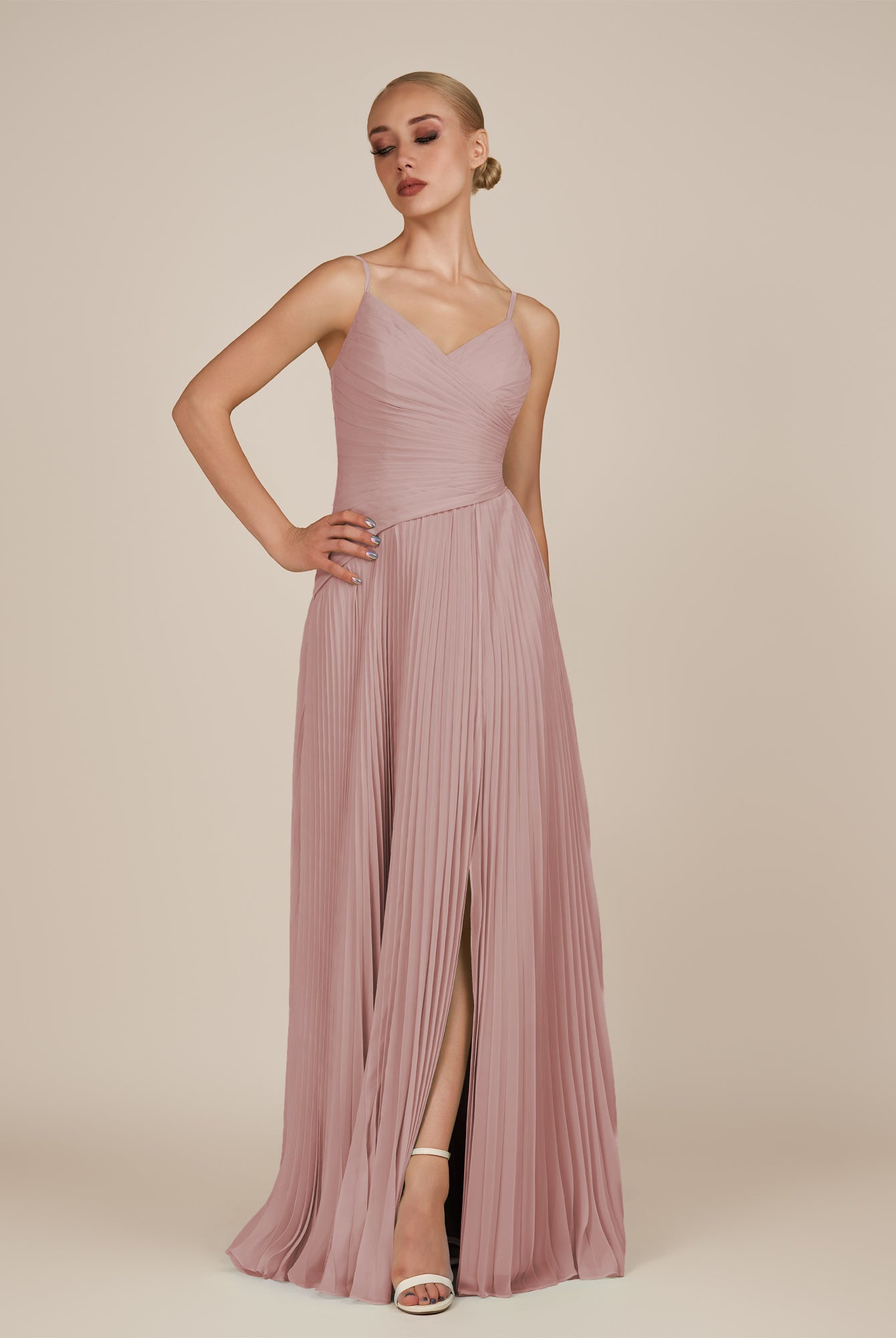 KissDress-Vionnet Dusty Rose A-Line V Neck Pleated Chiffon Long Bridesmaid Dress with Slit