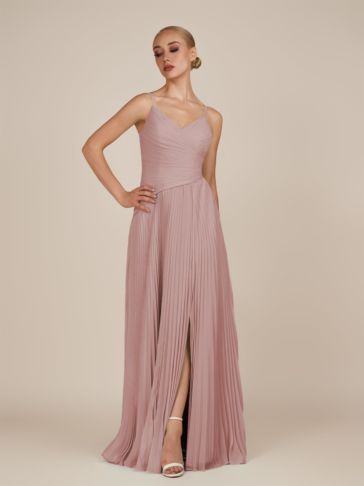 KissDress-Vionnet Dusty Rose A-Line V Neck Pleated Chiffon Long Bridesmaid Dress with Slit