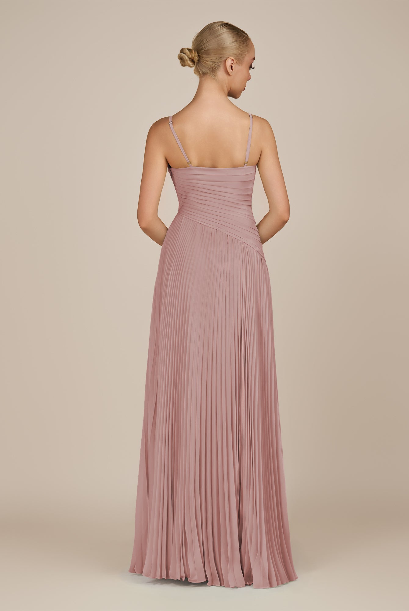 KissDress-Vionnet Dusty Rose A-Line V Neck Pleated Chiffon Long Bridesmaid Dress with Slit
