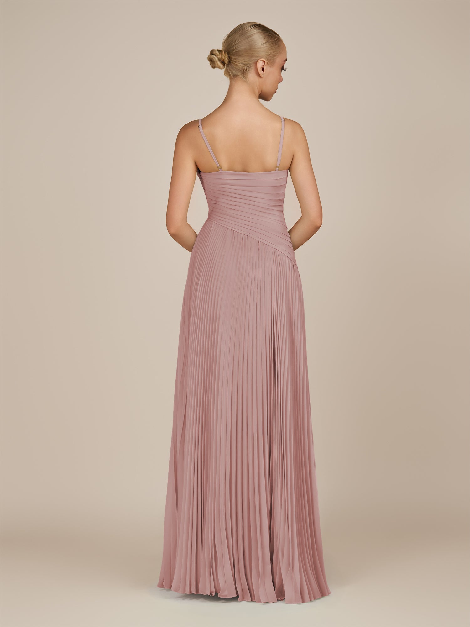 KissDress-Vionnet Dusty Rose A-Line V Neck Pleated Chiffon Long Bridesmaid Dress with Slit