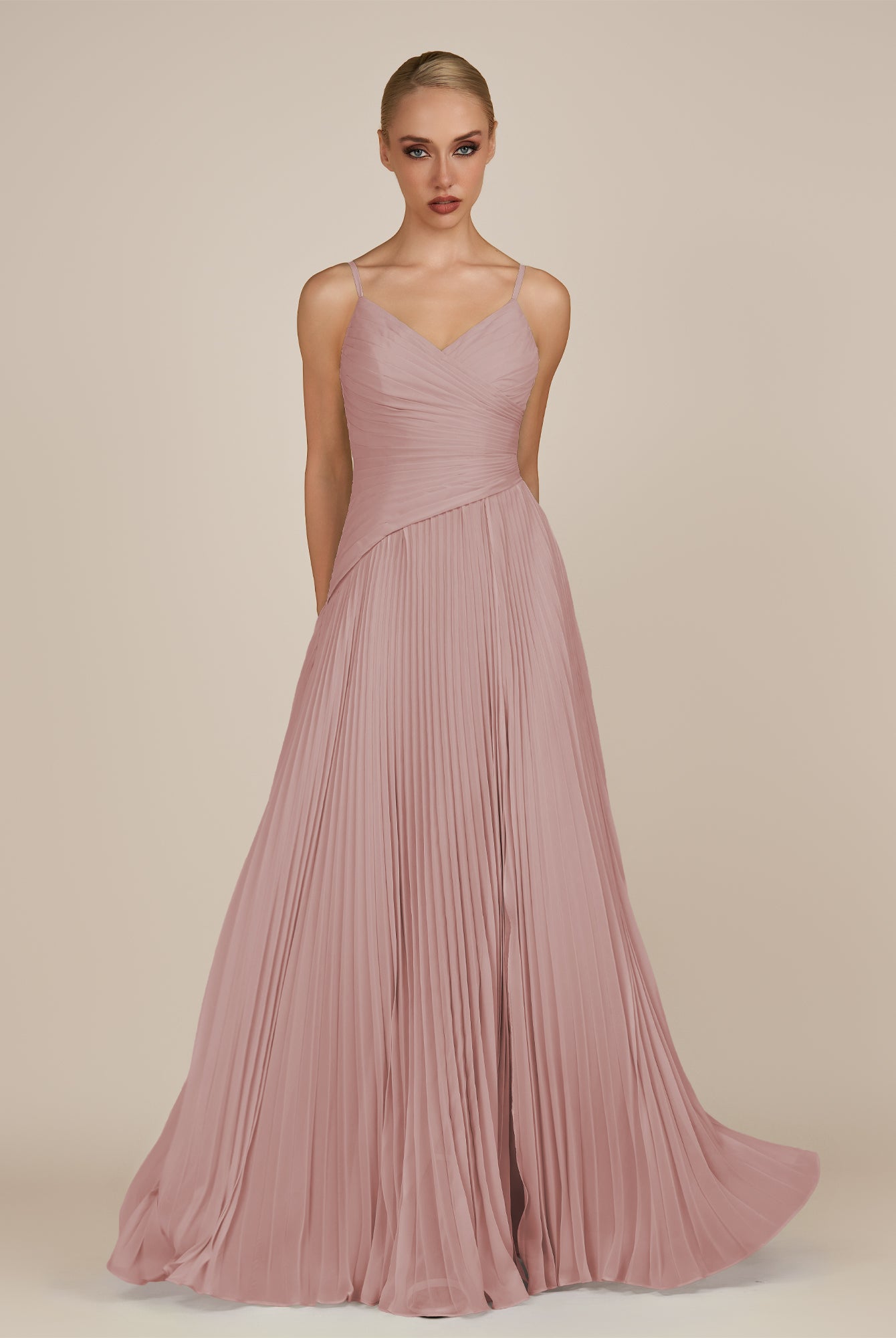 KissDress-Vionnet Dusty Rose A-Line V Neck Pleated Chiffon Long Bridesmaid Dress with Slit