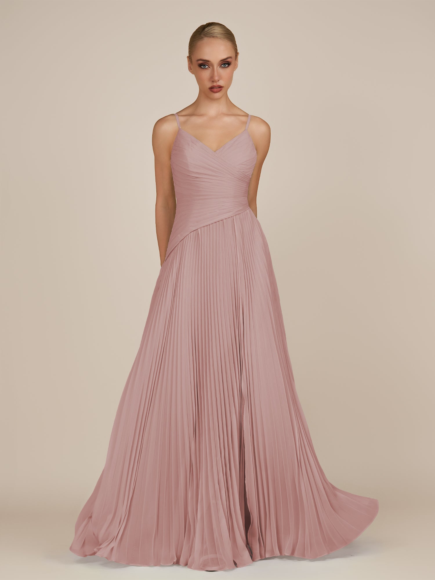 KissDress-Vionnet Dusty Rose A-Line V Neck Pleated Chiffon Long Bridesmaid Dress with Slit