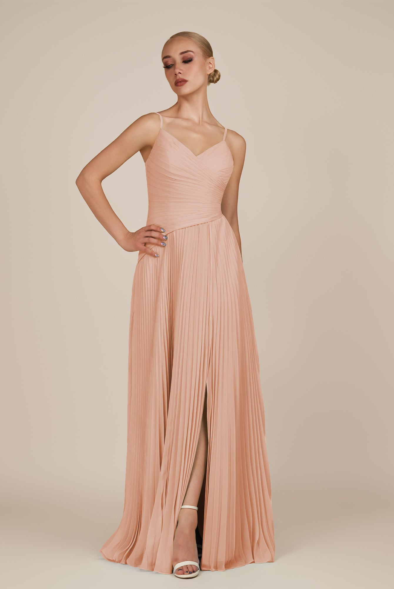 KissDress-Vionnet English Rose A-Line V Neck Pleated Chiffon Long Bridesmaid Dress with Slit