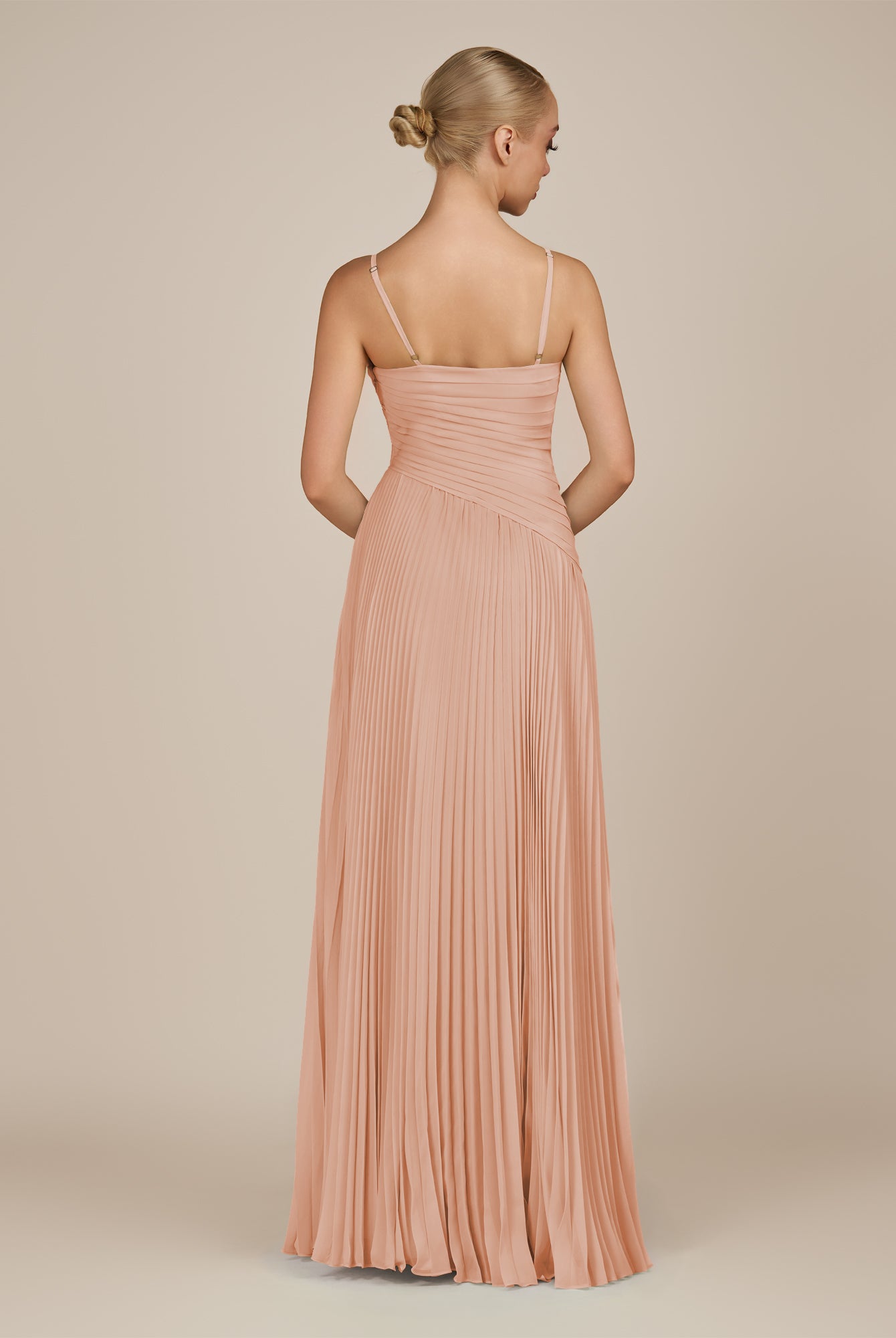 KissDress-Vionnet English Rose A-Line V Neck Pleated Chiffon Long Bridesmaid Dress with Slit
