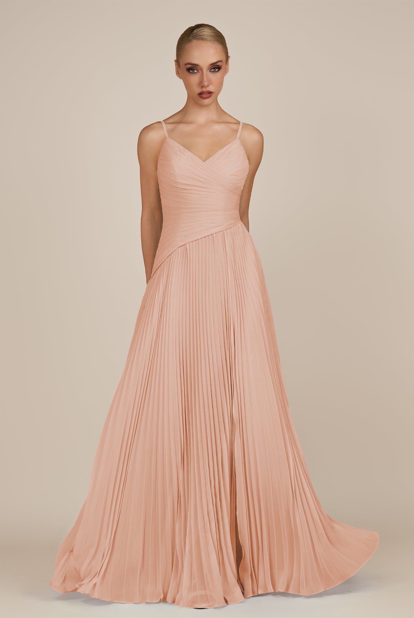 KissDress-Vionnet English Rose A-Line V Neck Pleated Chiffon Long Bridesmaid Dress with Slit