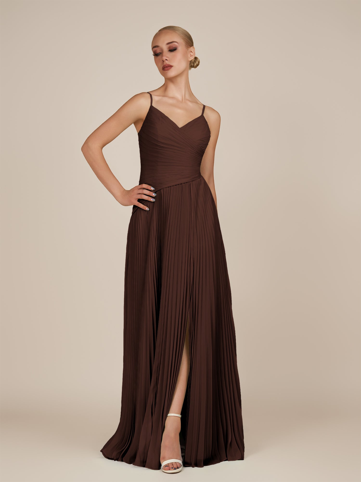 KissDress-Vionnet Espresso A-Line V Neck Pleated Chiffon Long Bridesmaid Dress with Slit