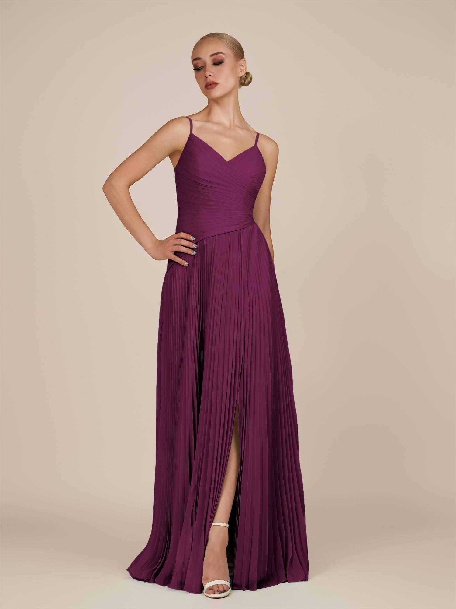 KissDress-Vionnet Fig A-Line V Neck Pleated Chiffon Long Bridesmaid Dress with Slit