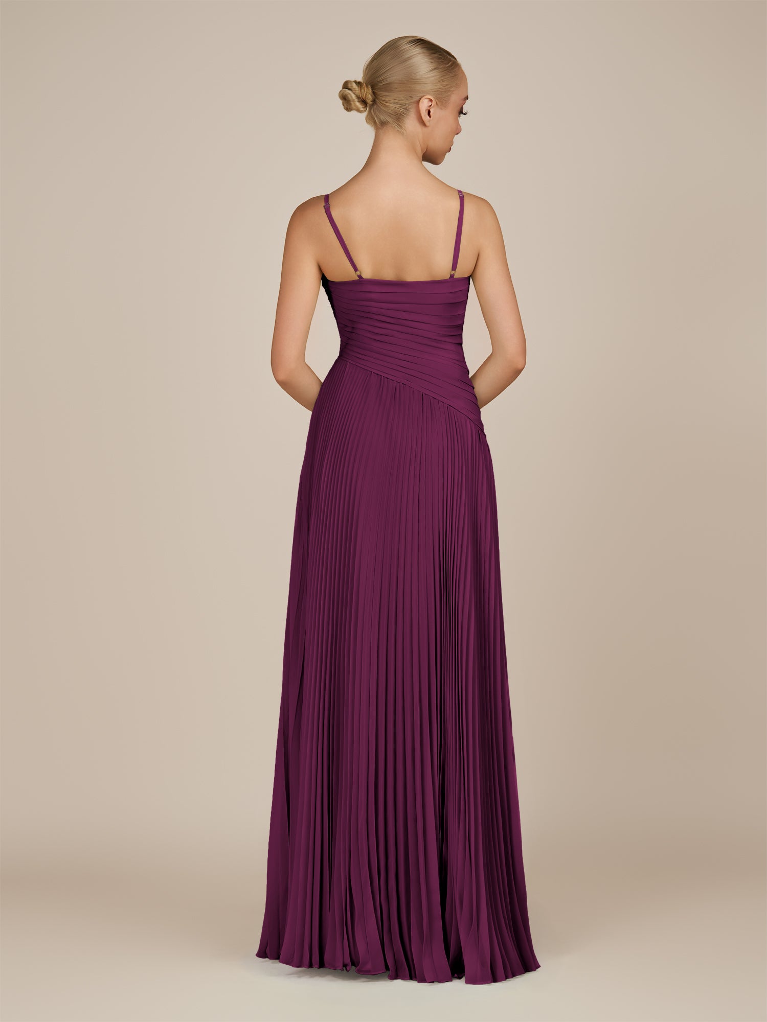 KissDress-Vionnet Fig A-Line V Neck Pleated Chiffon Long Bridesmaid Dress with Slit