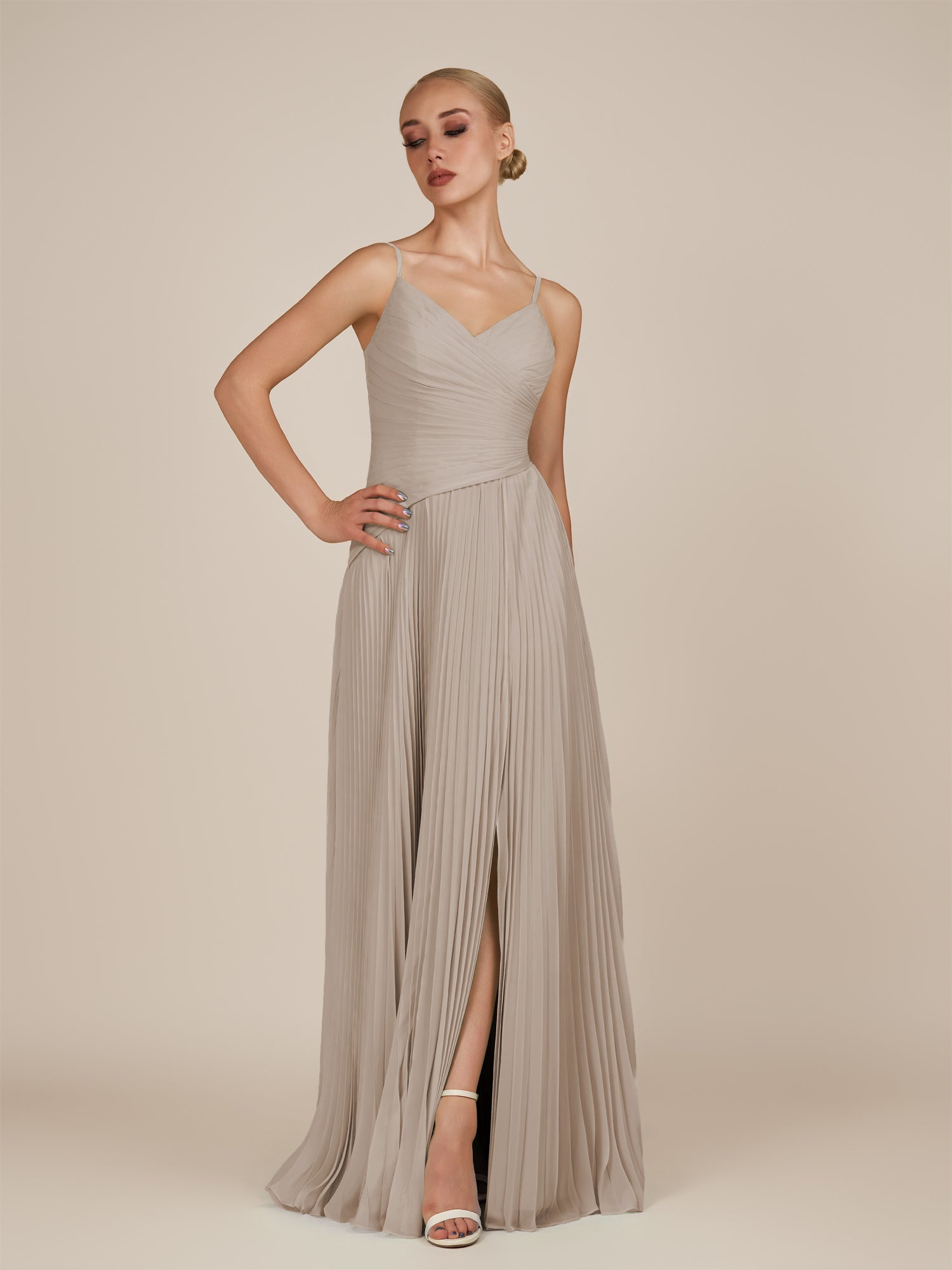 KissDress-Vionnet Frost A-Line V Neck Pleated Chiffon Long Bridesmaid Dress with Slit