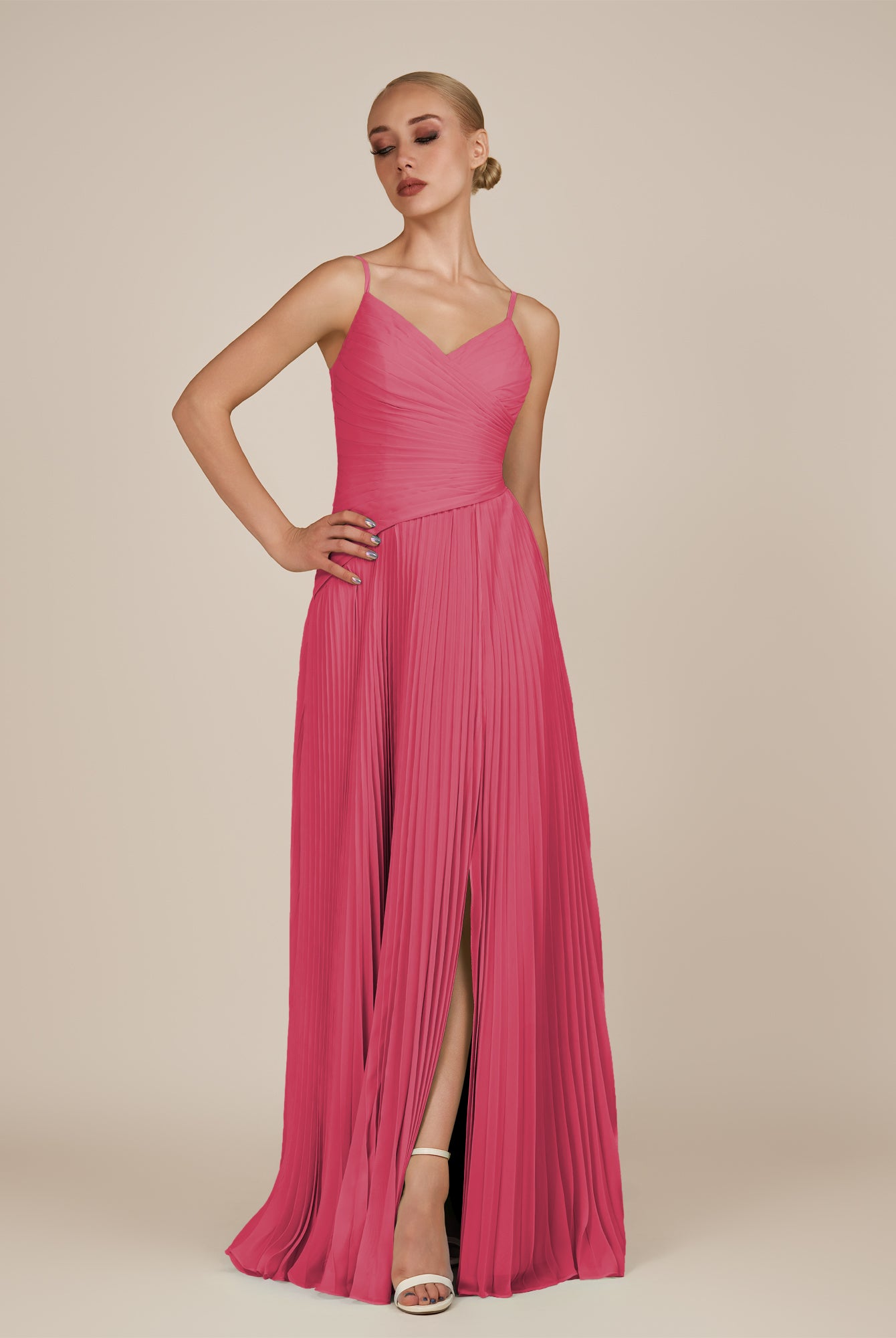 KissDress-Vionnet Fuchsia A-Line V Neck Pleated Chiffon Long Bridesmaid Dress with Slit