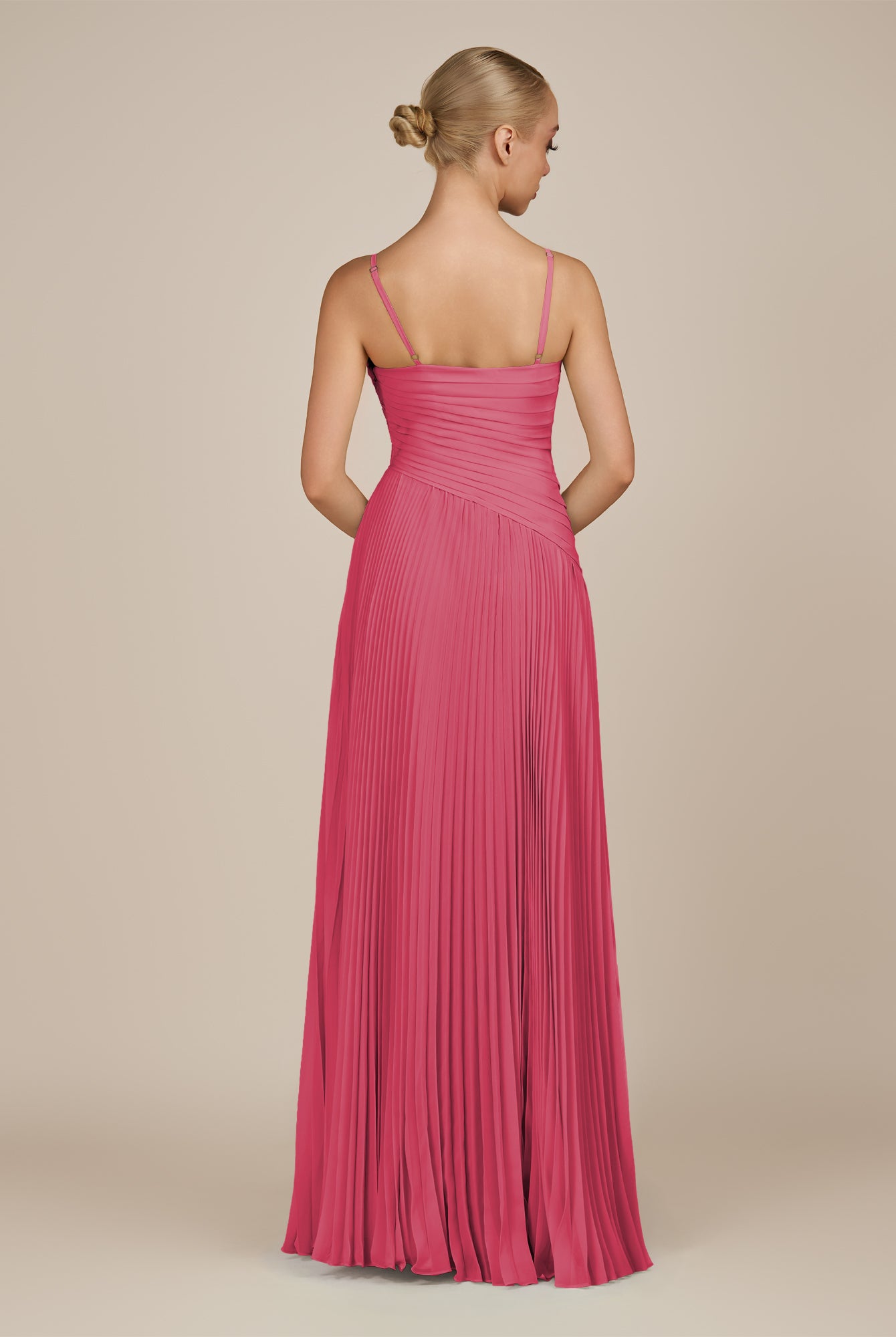 KissDress-Vionnet Fuchsia A-Line V Neck Pleated Chiffon Long Bridesmaid Dress with Slit