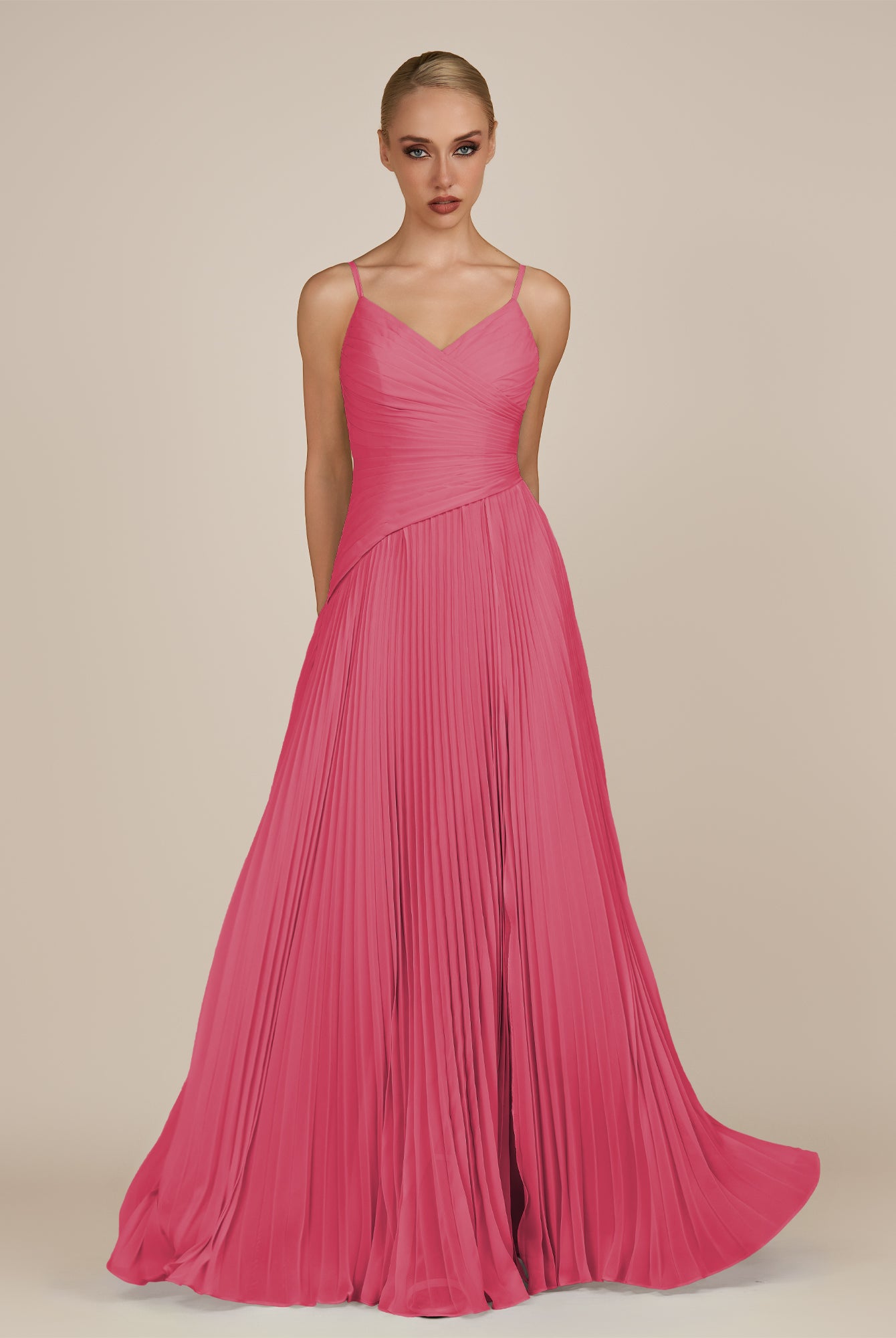 KissDress-Vionnet Fuchsia A-Line V Neck Pleated Chiffon Long Bridesmaid Dress with Slit