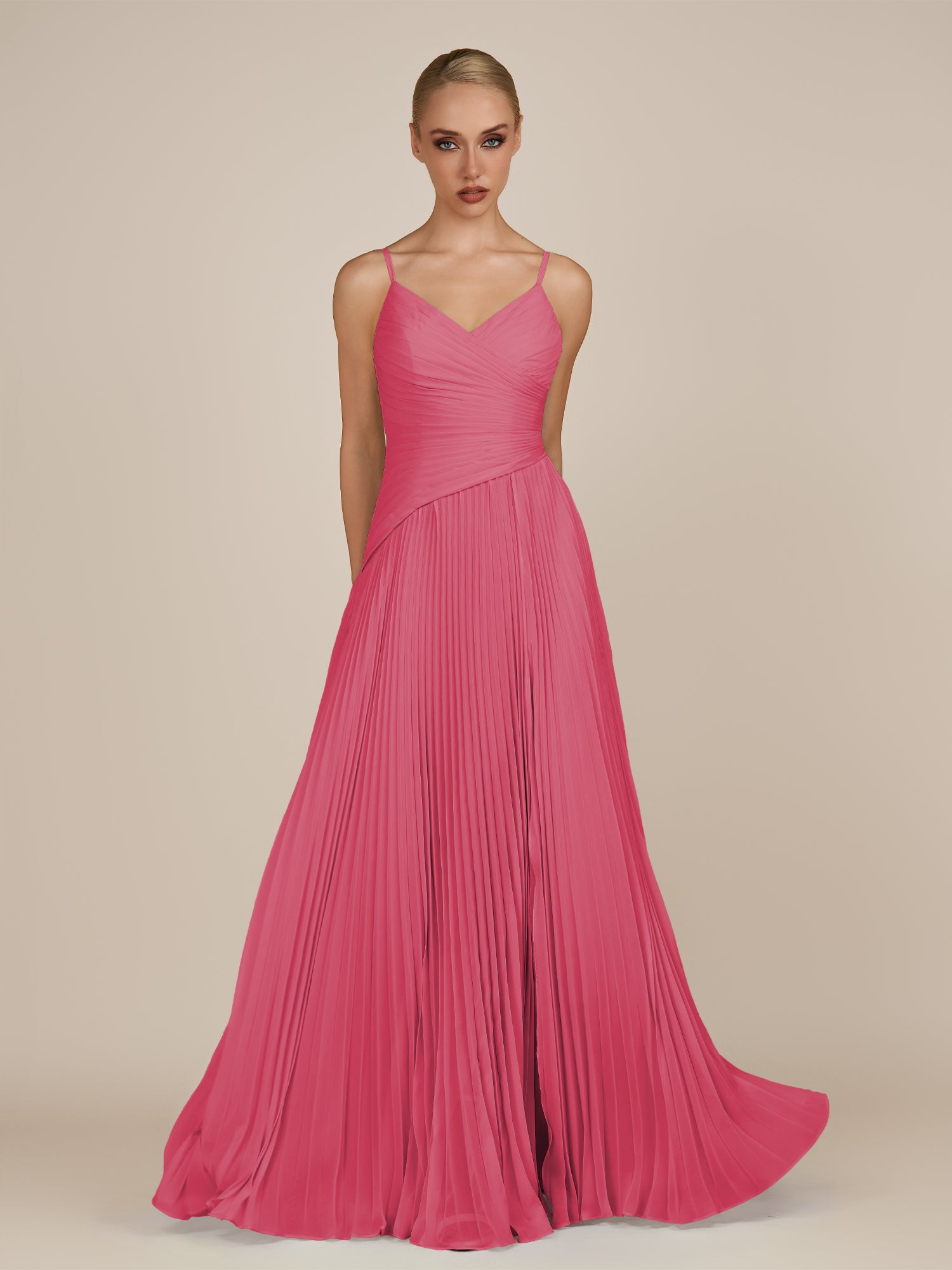 KissDress-Vionnet Fuchsia A-Line V Neck Pleated Chiffon Long Bridesmaid Dress with Slit