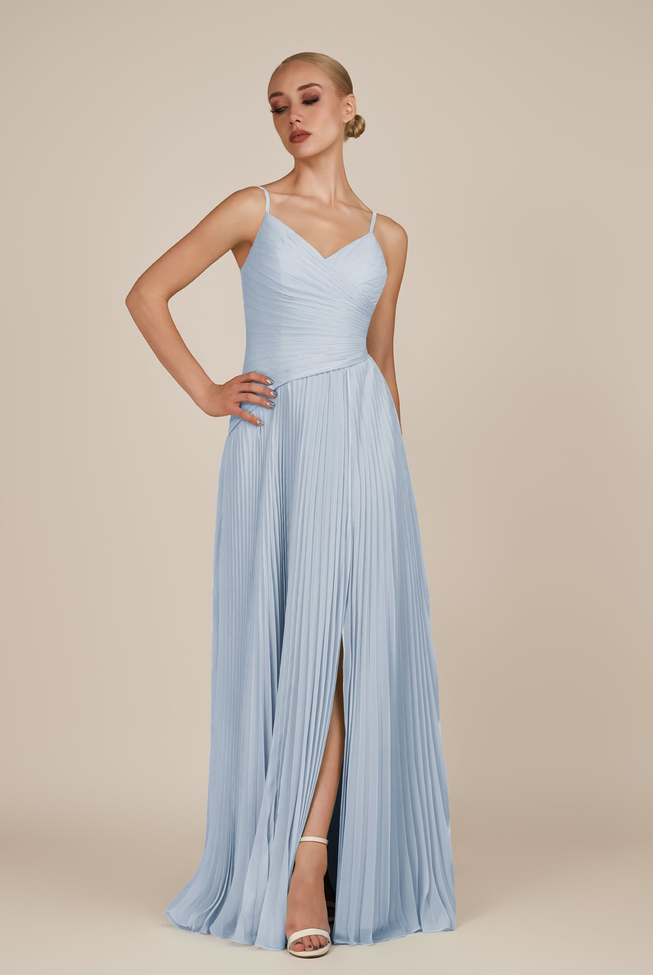 KissDress-Vionnet Ice A-Line V Neck Pleated Chiffon Long Bridesmaid Dress with Slit