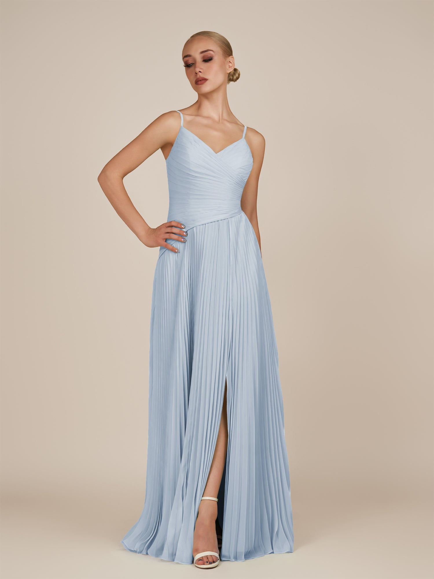 KissDress-Vionnet Ice A-Line V Neck Pleated Chiffon Long Bridesmaid Dress with Slit