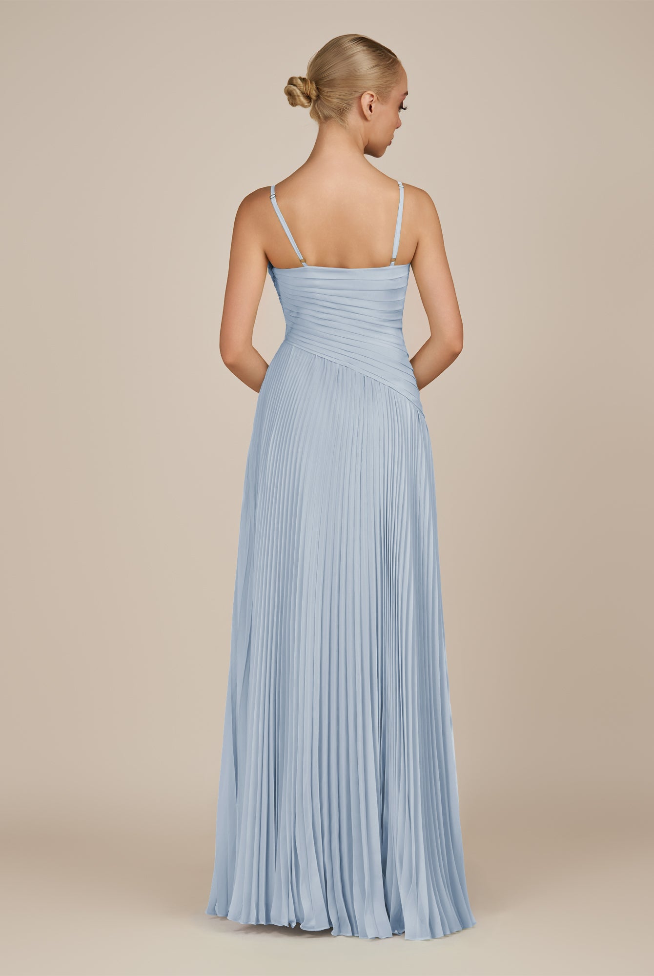 KissDress-Vionnet Ice A-Line V Neck Pleated Chiffon Long Bridesmaid Dress with Slit