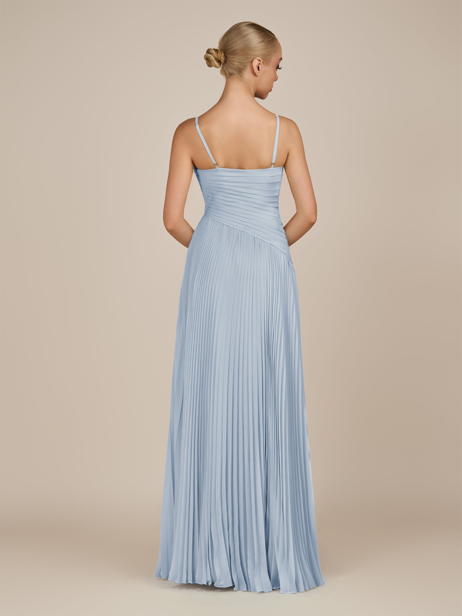 KissDress-Vionnet Ice A-Line V Neck Pleated Chiffon Long Bridesmaid Dress with Slit