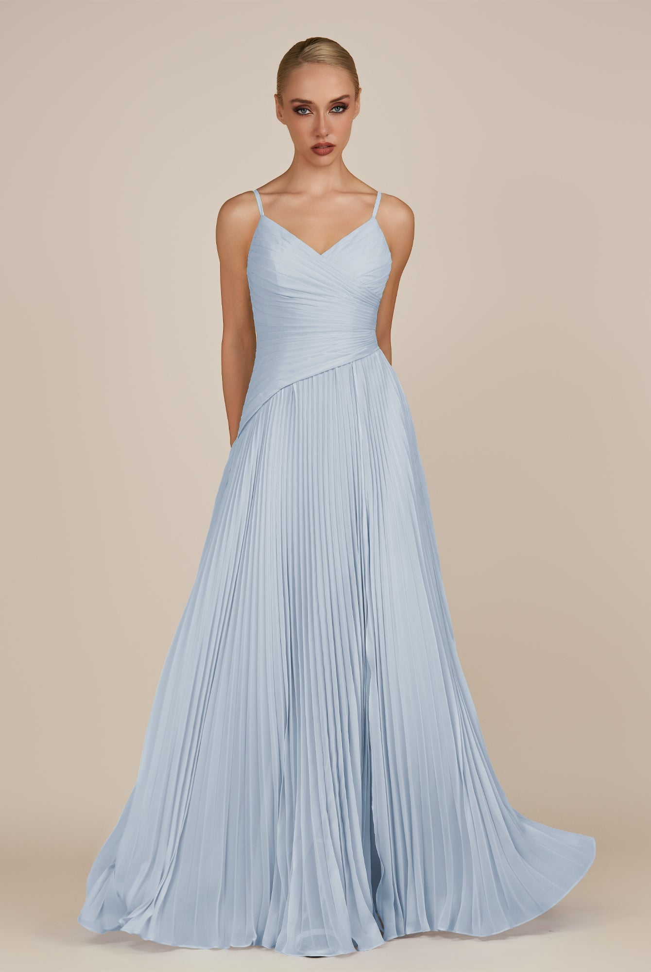 KissDress-Vionnet Ice A-Line V Neck Pleated Chiffon Long Bridesmaid Dress with Slit