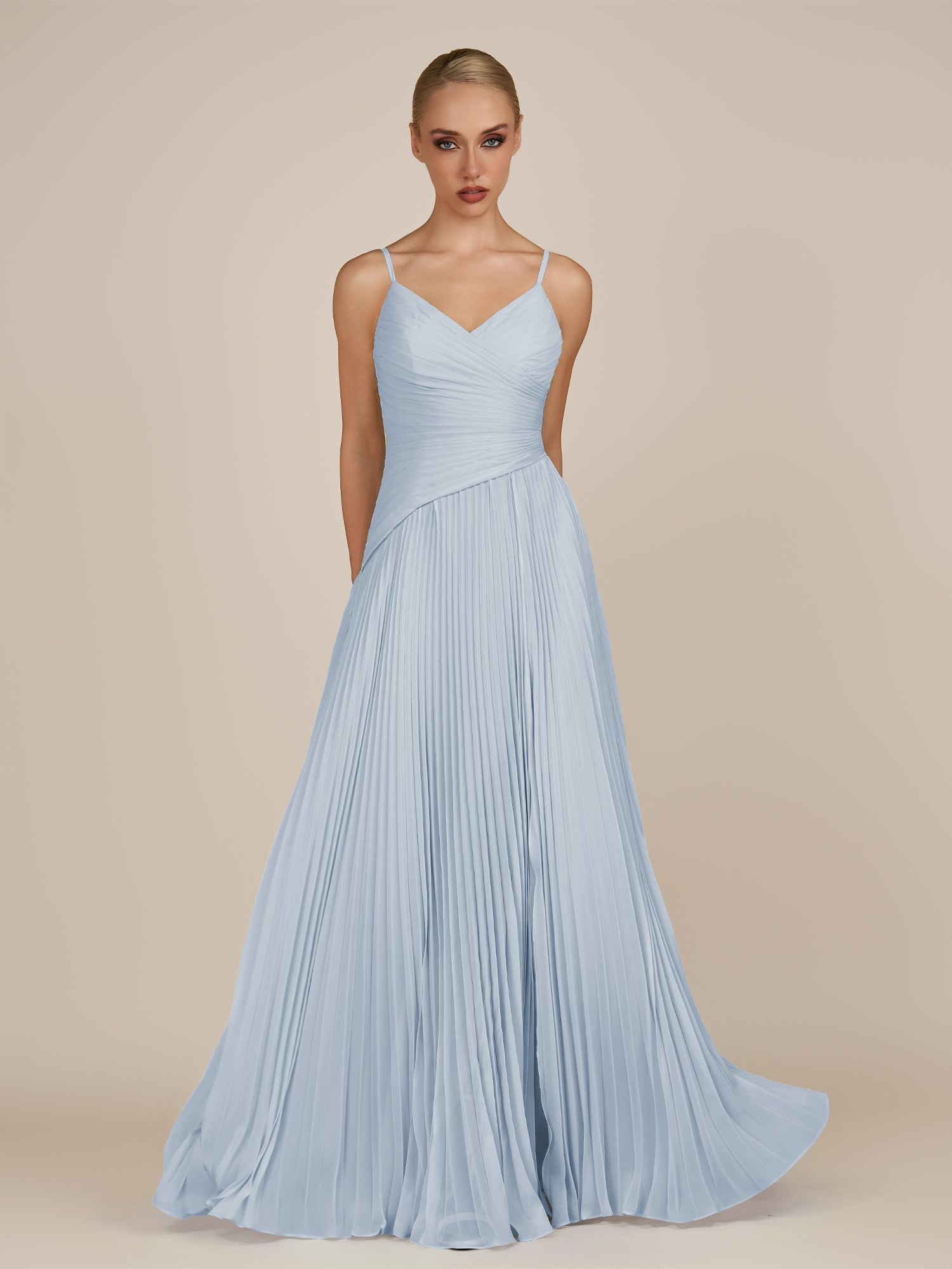 KissDress-Vionnet Ice A-Line V Neck Pleated Chiffon Long Bridesmaid Dress with Slit
