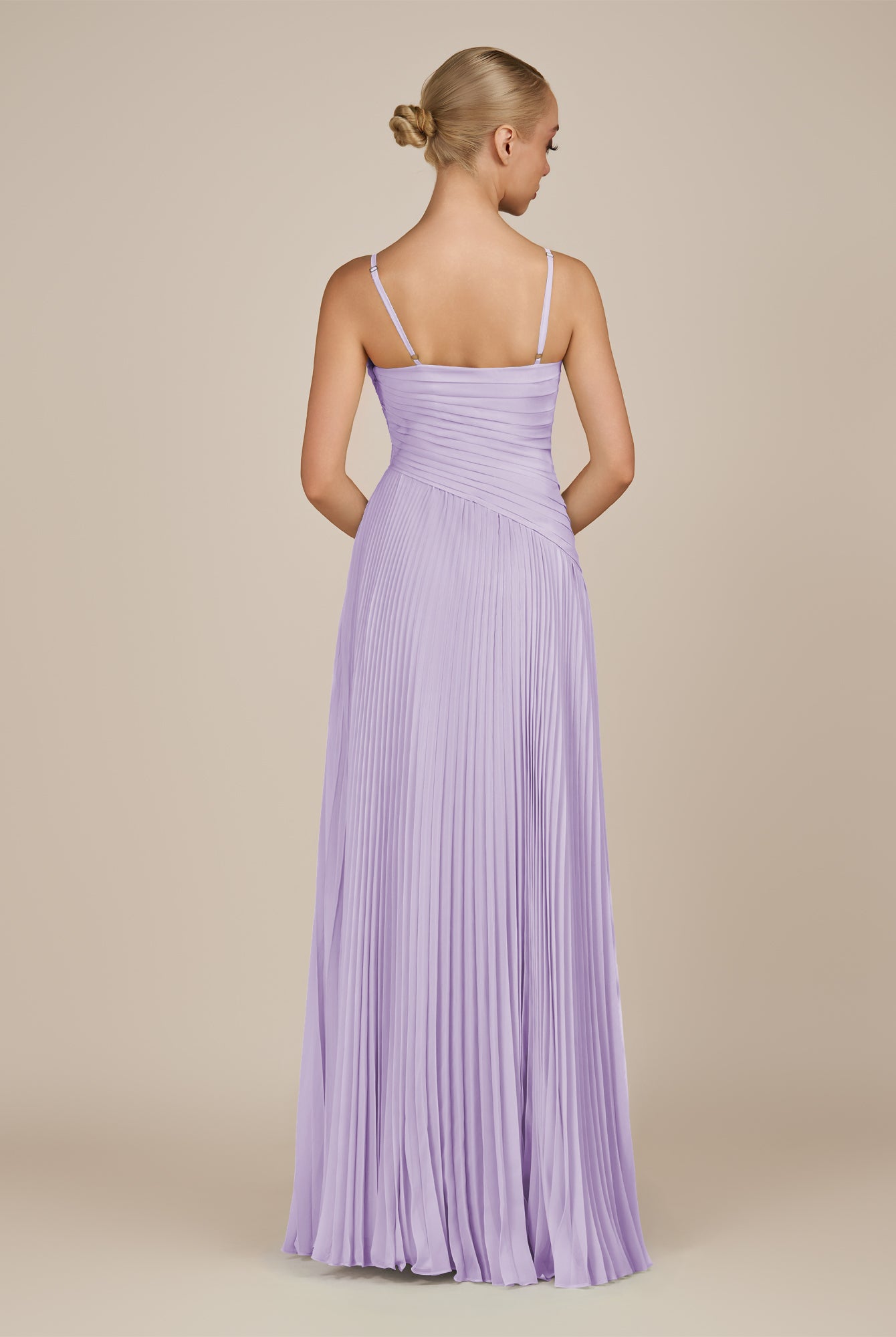 KissDress-Vionnet Lavender A-Line V Neck Pleated Chiffon Long Bridesmaid Dress with Slit