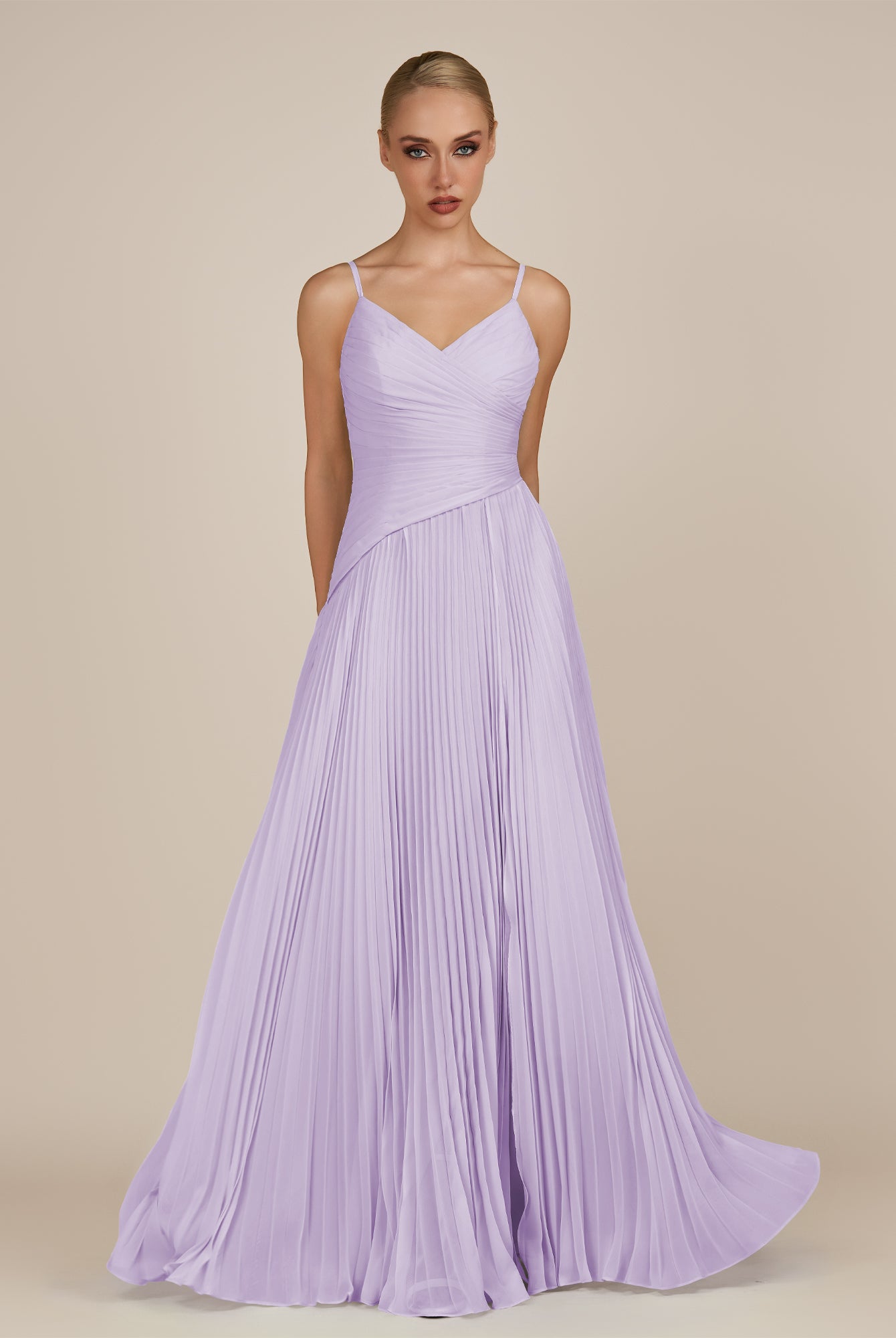 KissDress-Vionnet Lavender A-Line V Neck Pleated Chiffon Long Bridesmaid Dress with Slit