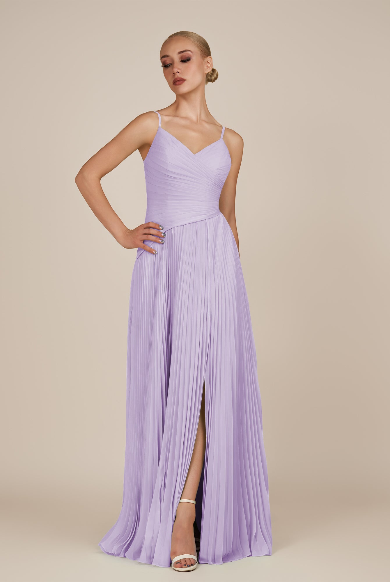 KissDress-Vionnet Lavender A-Line V Neck Pleated Chiffon Long Bridesmaid Dress with Slit