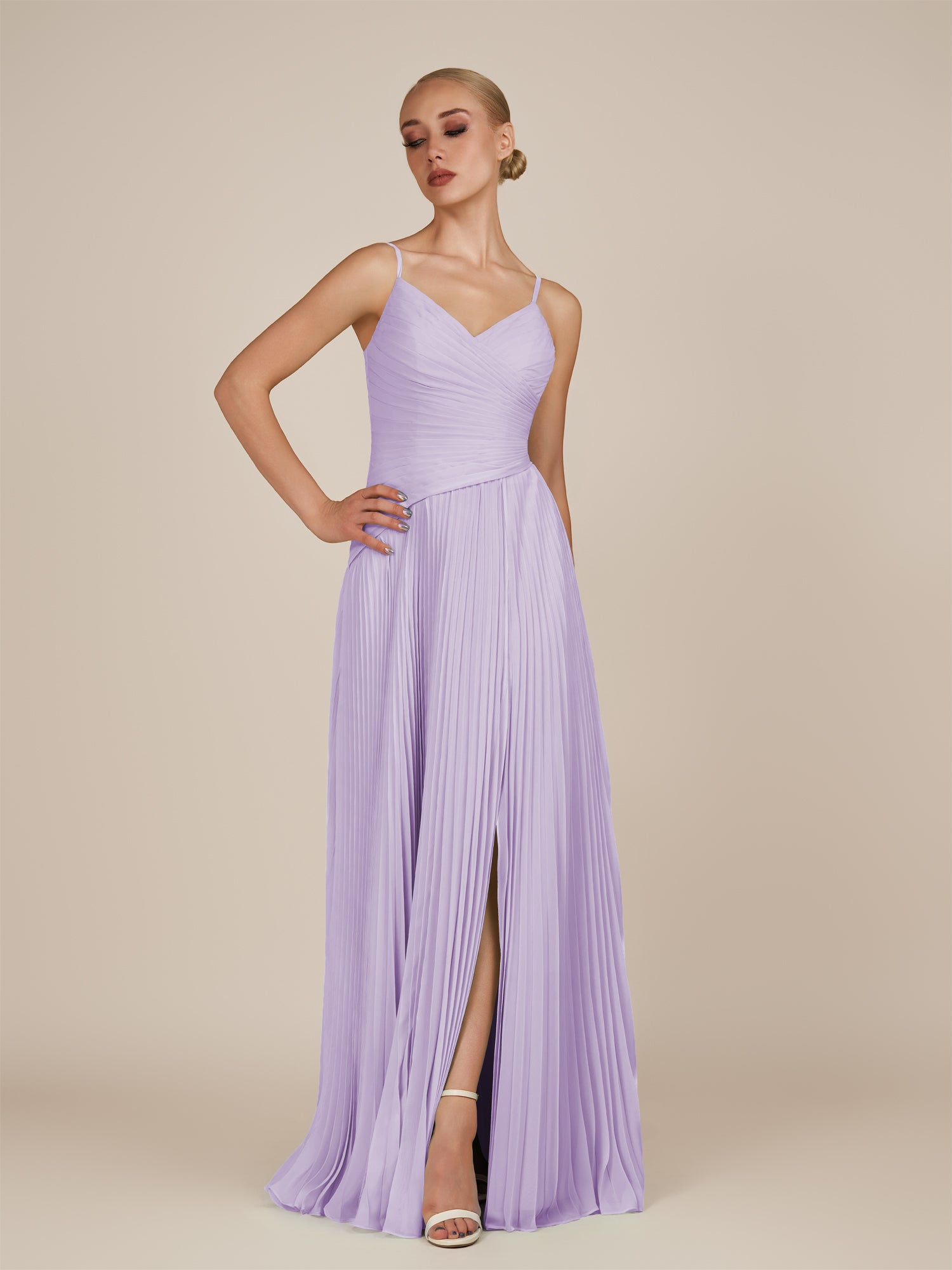 KissDress-Vionnet Lavender A-Line V Neck Pleated Chiffon Long Bridesmaid Dress with Slit