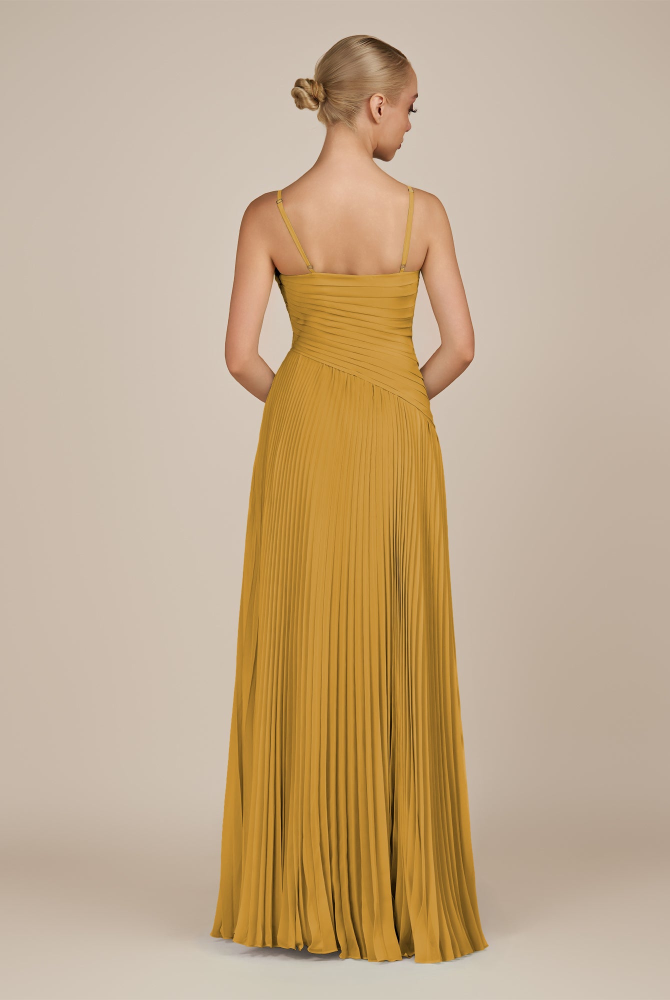 KissDress-Vionnet Marigold A-Line V Neck Pleated Chiffon Long Bridesmaid Dress with Slit