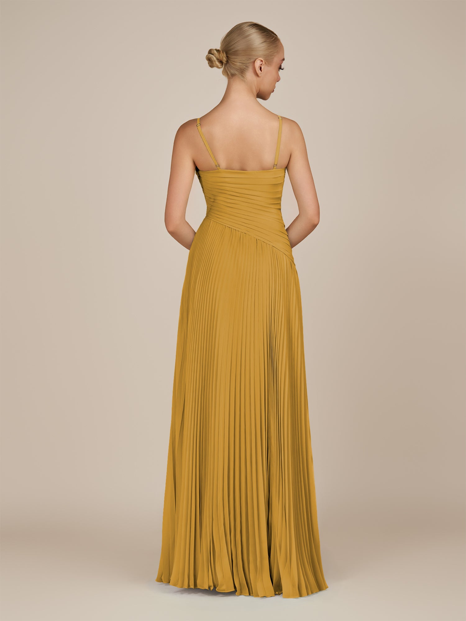 KissDress-Vionnet Marigold A-Line V Neck Pleated Chiffon Long Bridesmaid Dress with Slit