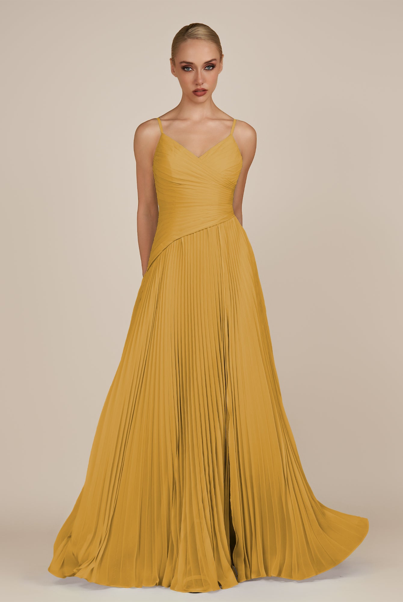 KissDress-Vionnet Marigold A-Line V Neck Pleated Chiffon Long Bridesmaid Dress with Slit