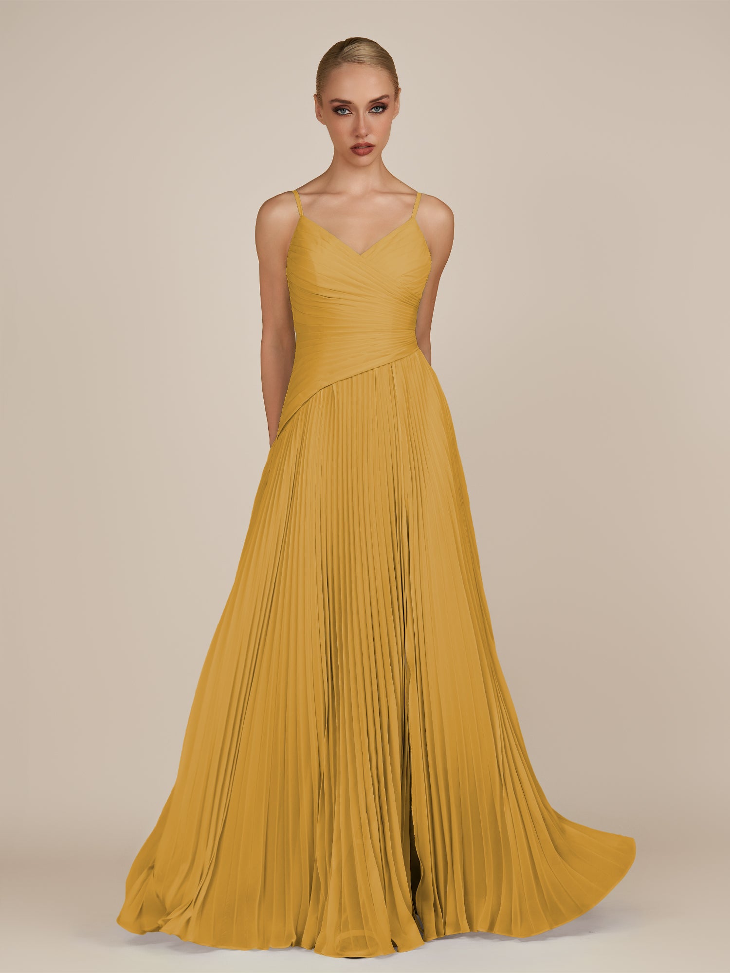 KissDress-Vionnet Marigold A-Line V Neck Pleated Chiffon Long Bridesmaid Dress with Slit