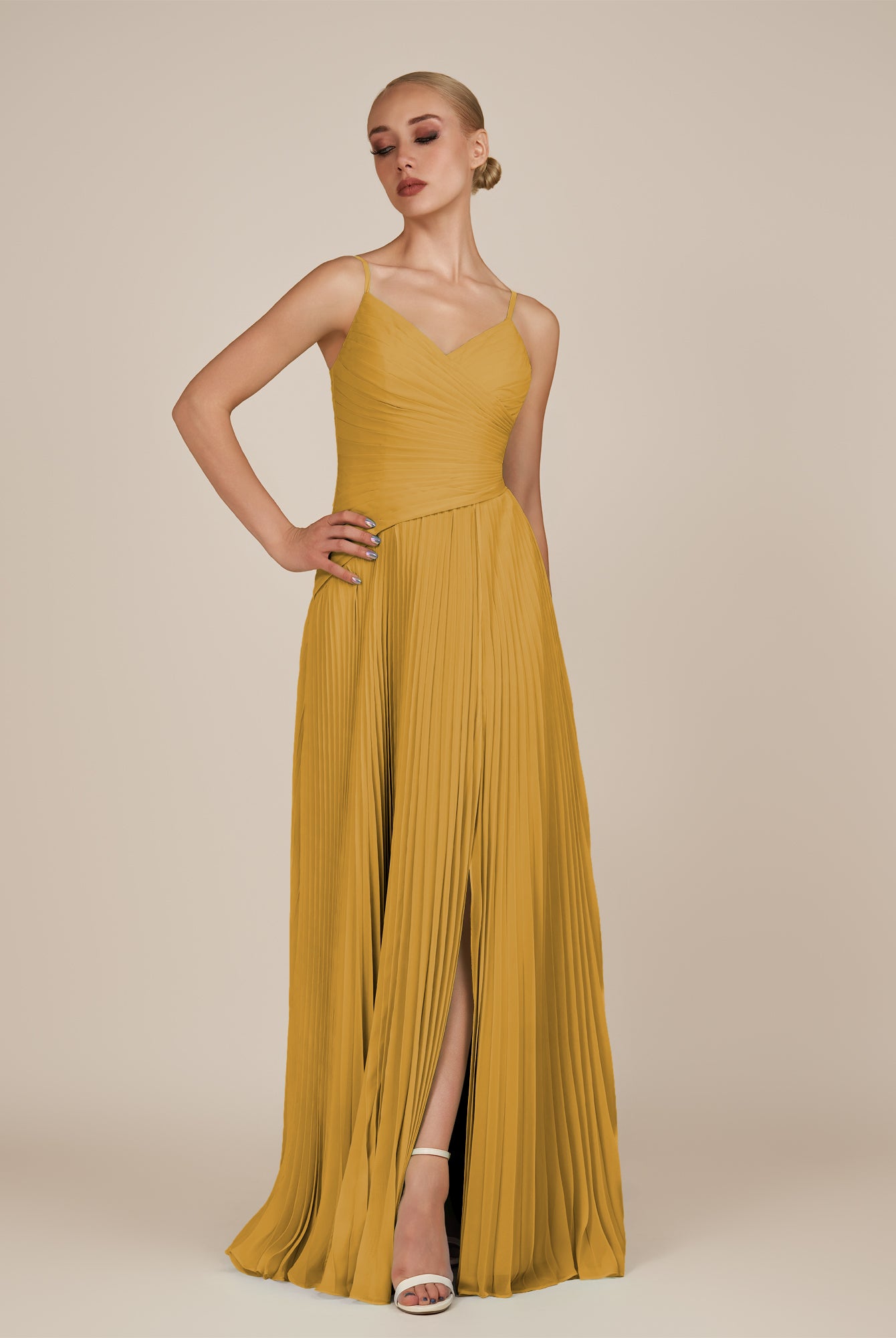 KissDress-Vionnet Marigold A-Line V Neck Pleated Chiffon Long Bridesmaid Dress with Slit
