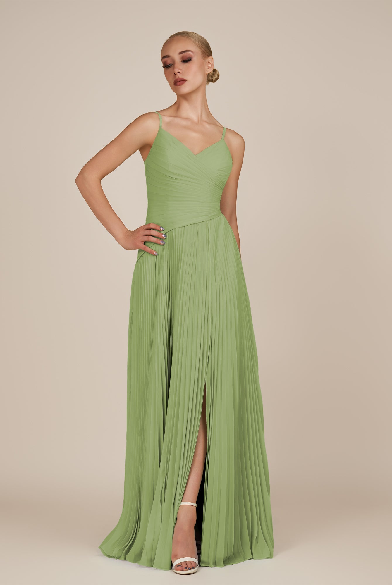 KissDress-Vionnet Matcha A-Line V Neck Pleated Chiffon Long Bridesmaid Dress with Slit