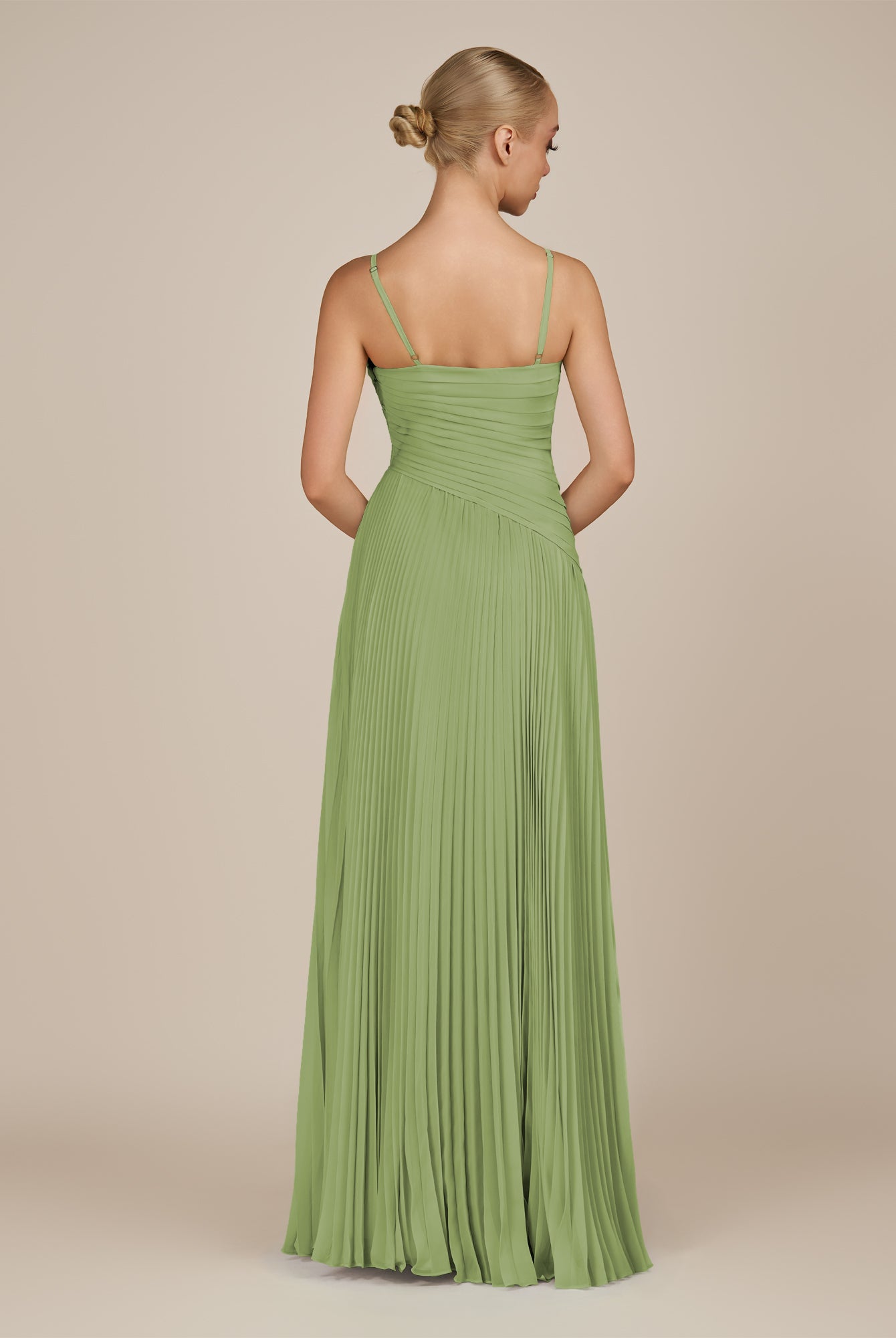 KissDress-Vionnet Matcha A-Line V Neck Pleated Chiffon Long Bridesmaid Dress with Slit