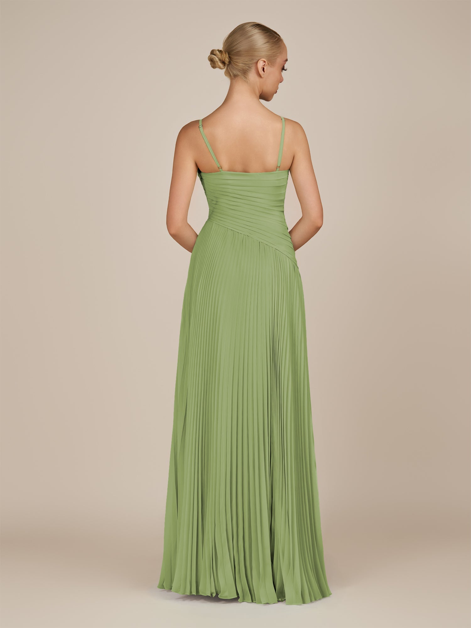 KissDress-Vionnet Matcha A-Line V Neck Pleated Chiffon Long Bridesmaid Dress with Slit