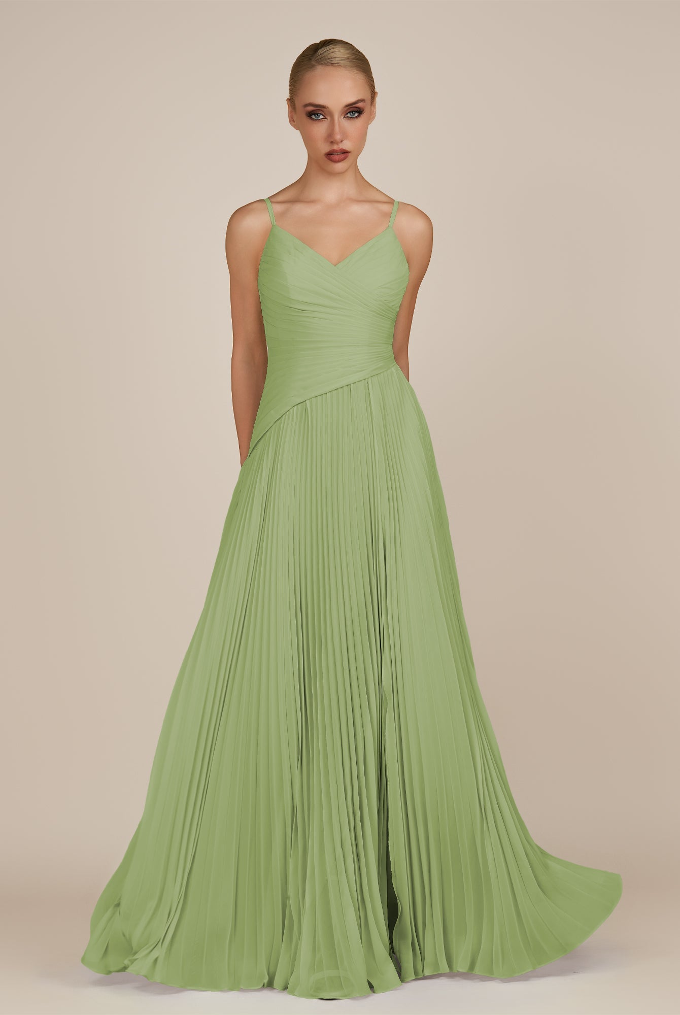 KissDress-Vionnet Matcha A-Line V Neck Pleated Chiffon Long Bridesmaid Dress with Slit