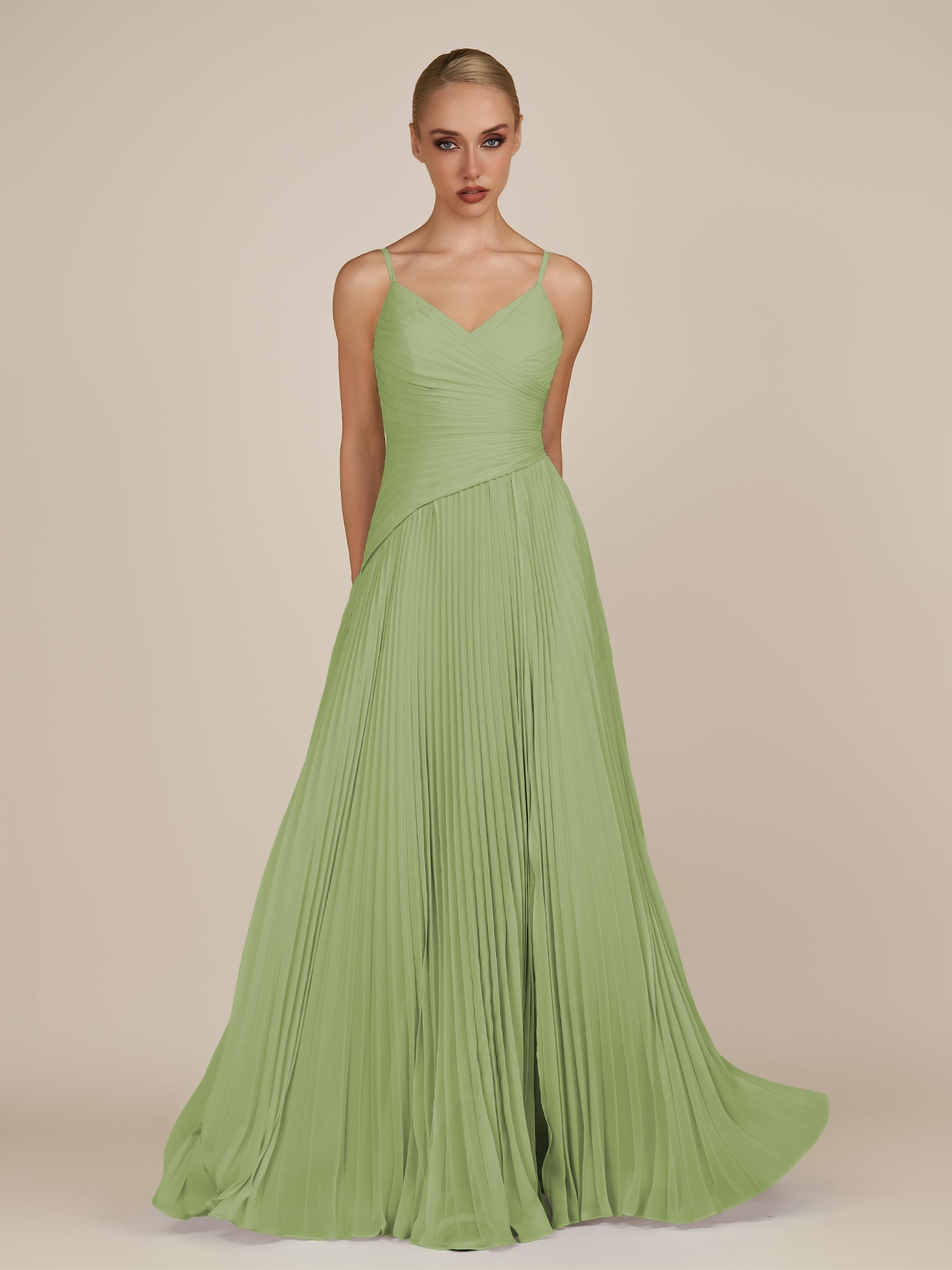 KissDress-Vionnet Matcha A-Line V Neck Pleated Chiffon Long Bridesmaid Dress with Slit