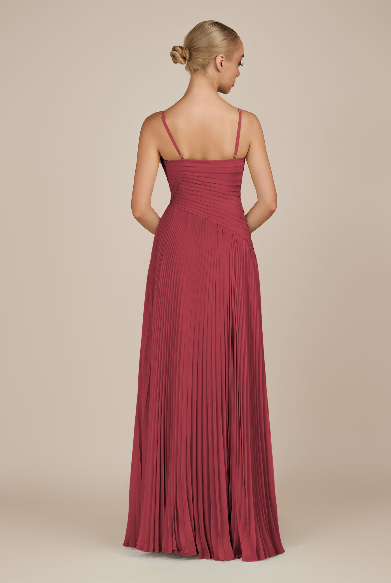 KissDress-Vionnet Merlot A-Line V Neck Pleated Chiffon Long Bridesmaid Dress with Slit