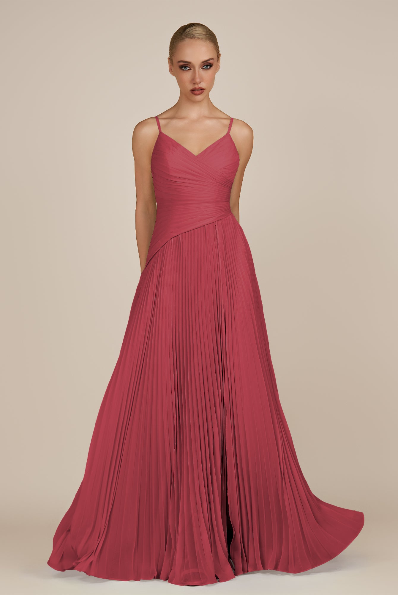 KissDress-Vionnet Merlot A-Line V Neck Pleated Chiffon Long Bridesmaid Dress with Slit