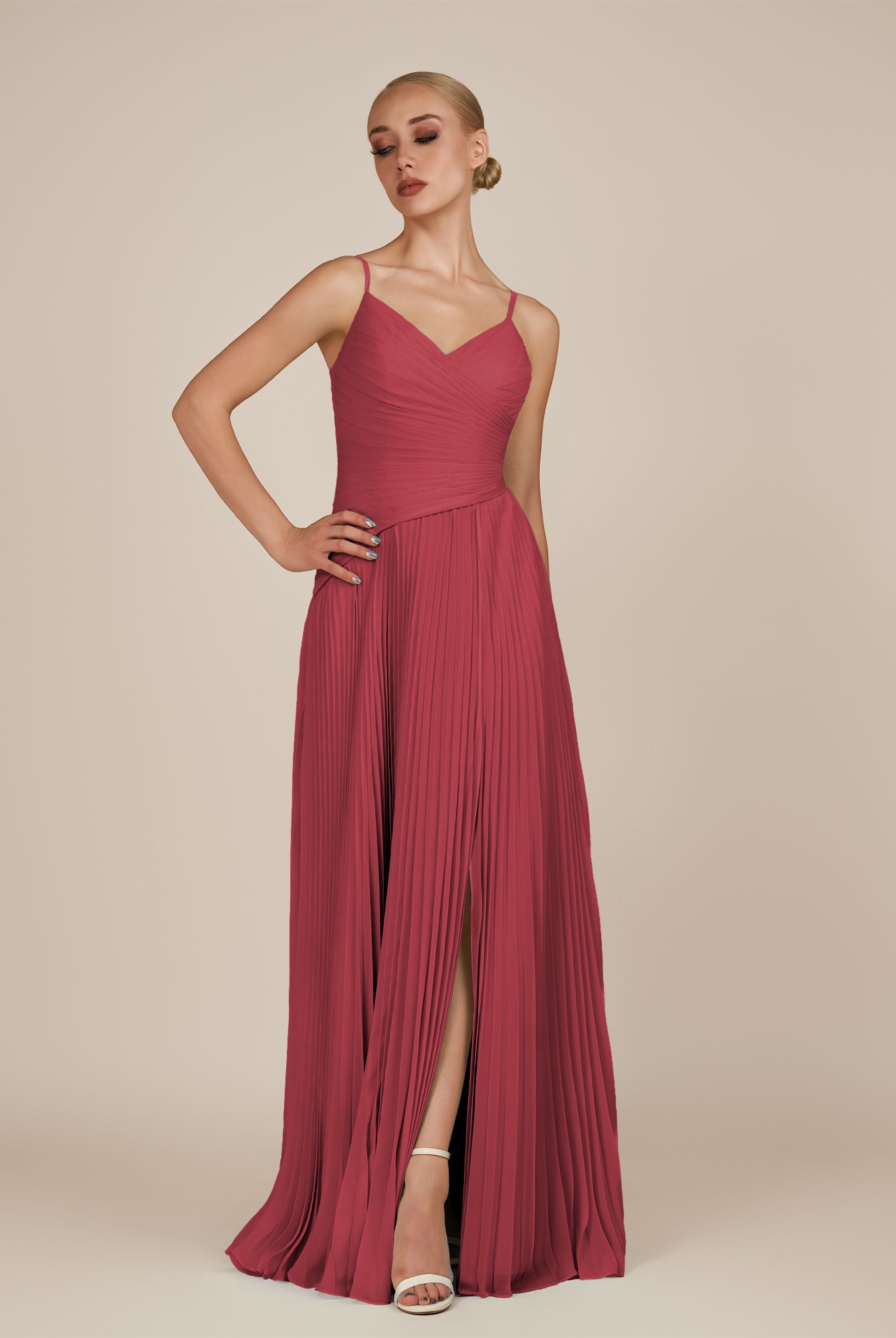 KissDress-Vionnet Merlot A-Line V Neck Pleated Chiffon Long Bridesmaid Dress with Slit