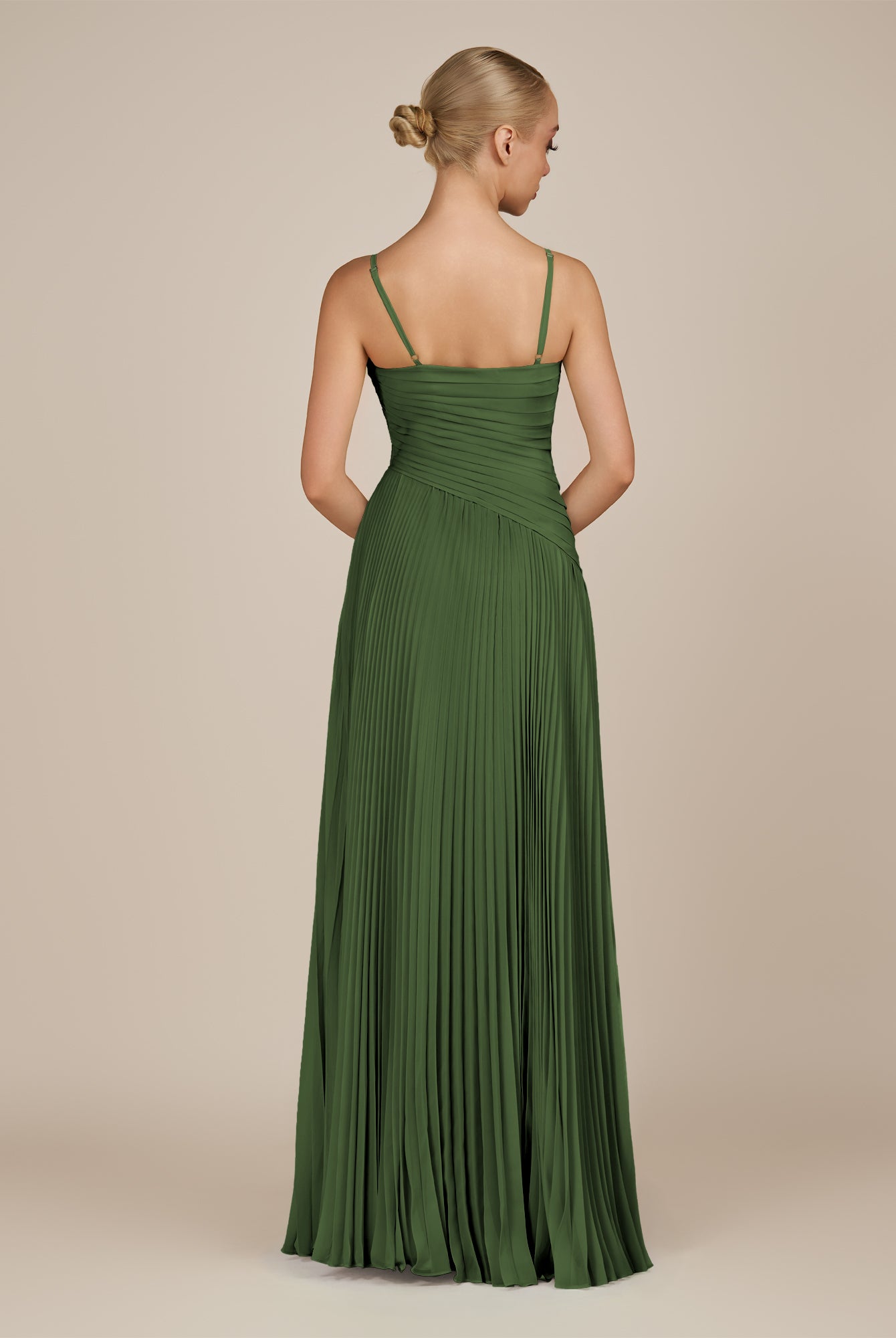 KissDress-Vionnet Moss A-Line V Neck Pleated Chiffon Long Bridesmaid Dress with Slit